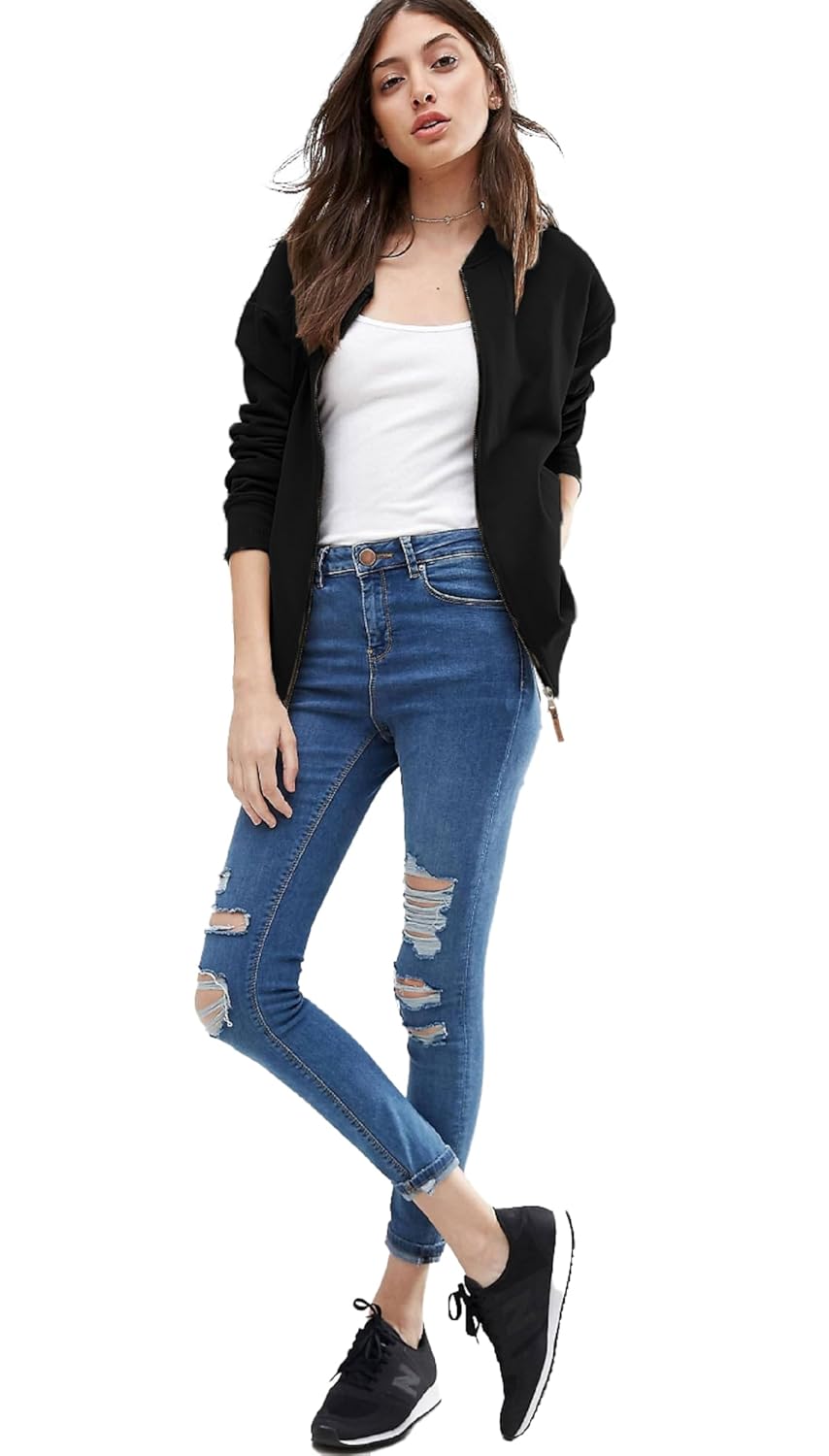 LEOTUDE Full Sleeve Loose Fit Loopknit Standard Length Bomber Jacket For Women (GRL_JKT02_BLK_P_Black_S) by Prixsa.com - Image 4