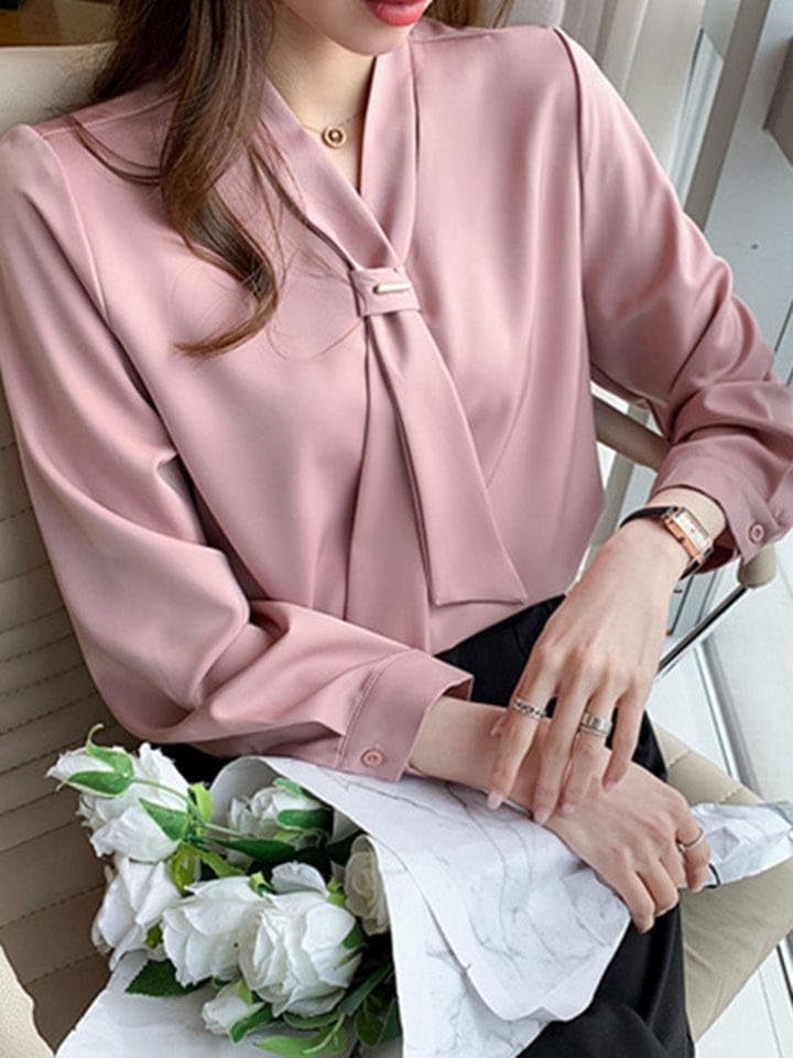 PINKHUB Elegant Women's Tie Neck Summer Long Sleeve V-Neck Chiffon Korean Style Plain Business Work Shirts Blouse Top by Prixsa.com - Image 4