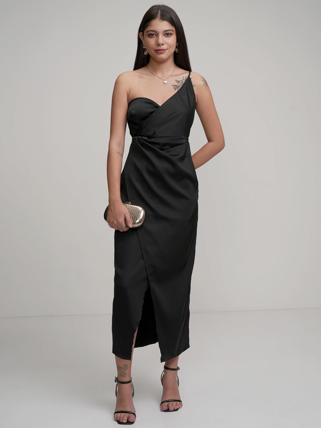 Tokyo Talkies Womens Chic One-Shoulder Wrap Dress with Strap Detail– Effortlessly Elegant Midi for Any Occasion| Stylish by Prixsa.com - Image 2