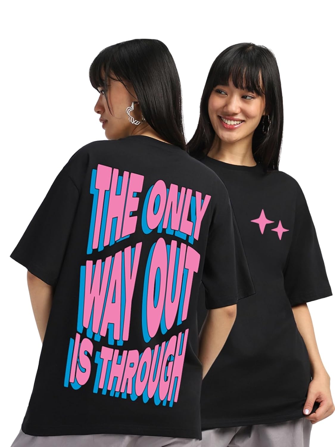 JUNEBERRY® 100% Pure Cotton Oversized Baggy Fit Front & Back The Only Way Out is Through Typographic Printed Black Round Neck T-Shirt for Women & Girls (Sizes: S to 2XL) by Prixsa.com