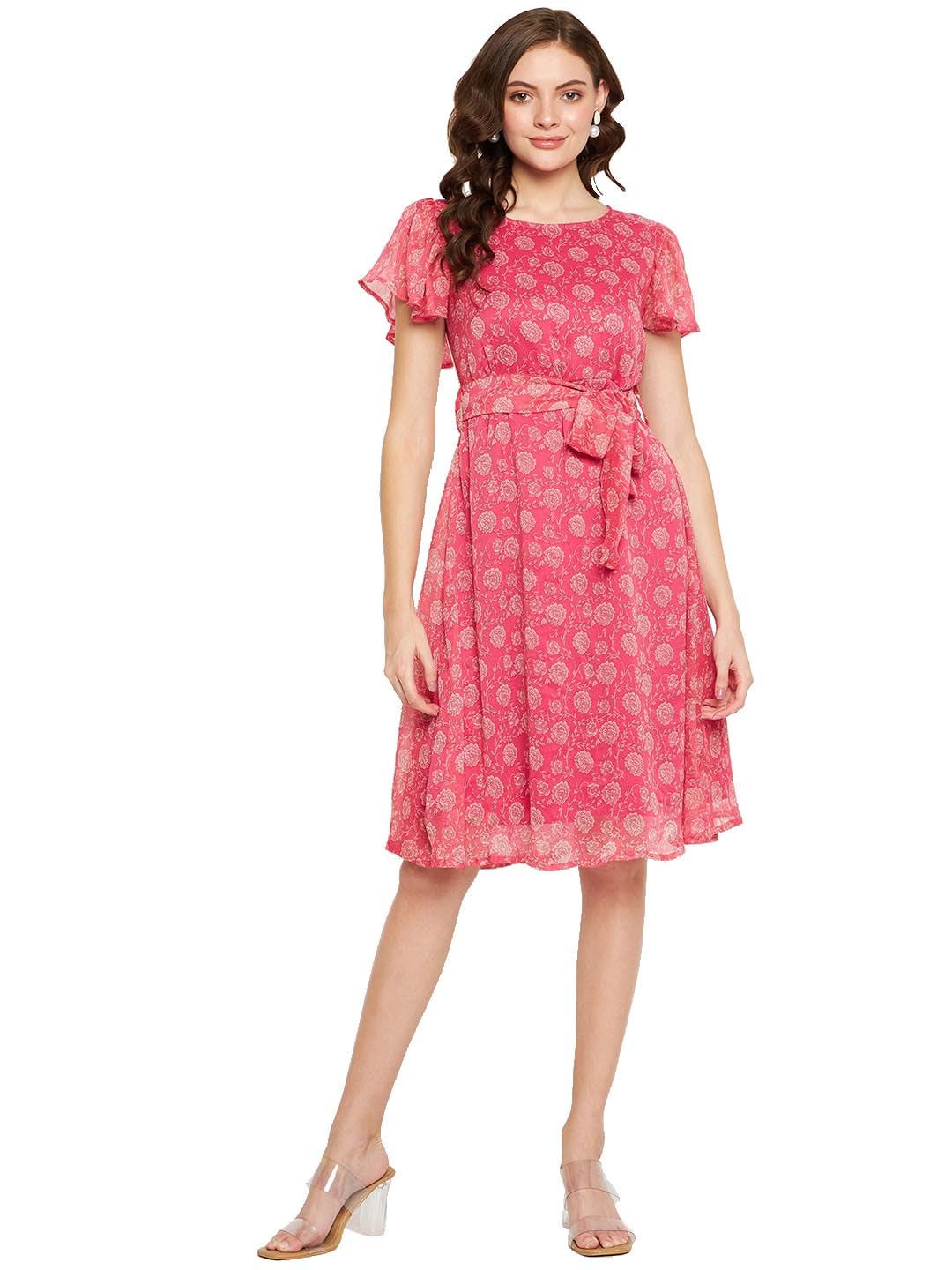 Fashfun Women's Dress Pink Printed Chiffon Waist Belt Bell Sleeve keen Length Dress-Set of 2 by Prixsa.com