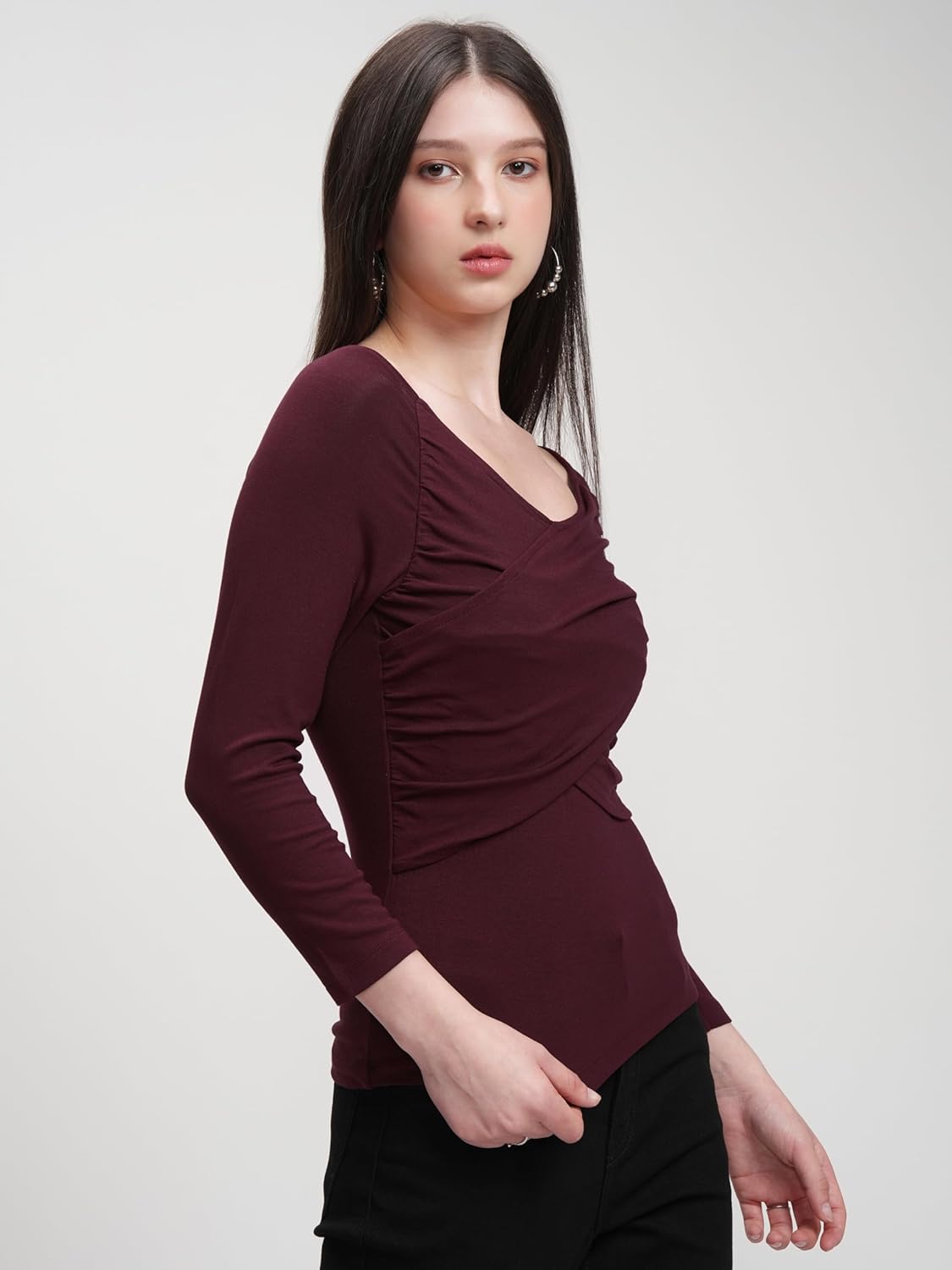 Tokyo Talkies Women's Round Neck Full Sleeve Regular Top with Wrap Gather | Stylish & Comfortable | Perfect for Casual & Day Outings | Tops for Woman | Women Tops | Stylish Top by Prixsa.com - Image 4