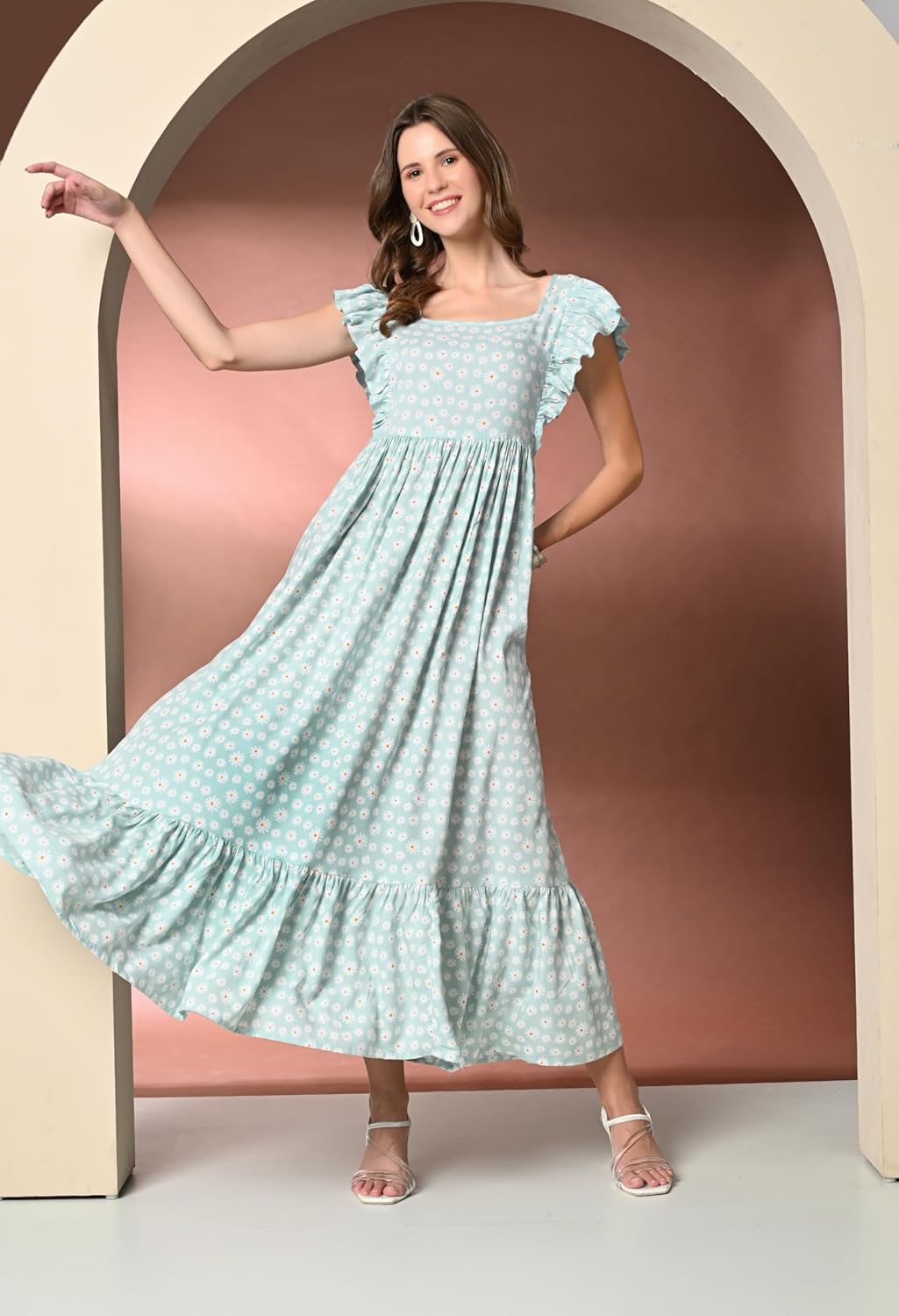 Daevish New Rayon Floral Printed Short Ruffled Sleeves Flared Maxi Dress for Women & Girls | Fit & Flared Dress | Maxi Length Dress | Women Dress by Prixsa.com - Image 7