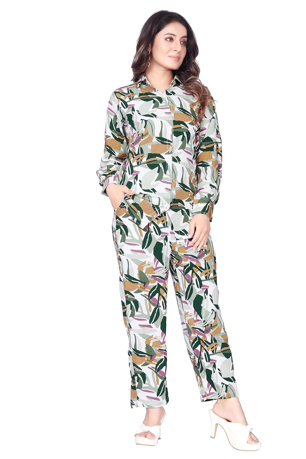 Kahara Women's Floral Print Polyester Regular Fit Collar Neck Full Sleeve Co-rd Set (K_190862_Green_) by Prixsa.com