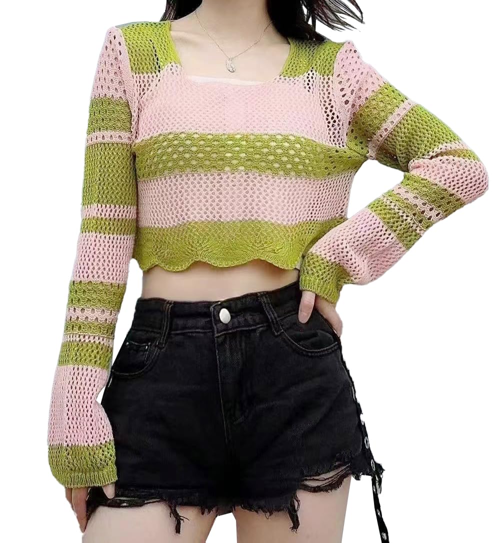 ICW Women's Korean Style Knitted Sheer Crochet Long Sleeve Hollow Out Colour Block Print Crop Top T-Shirt Sweater (One Size Fit XS-S-M Bust 32-36 Inch) 29 by Prixsa.com