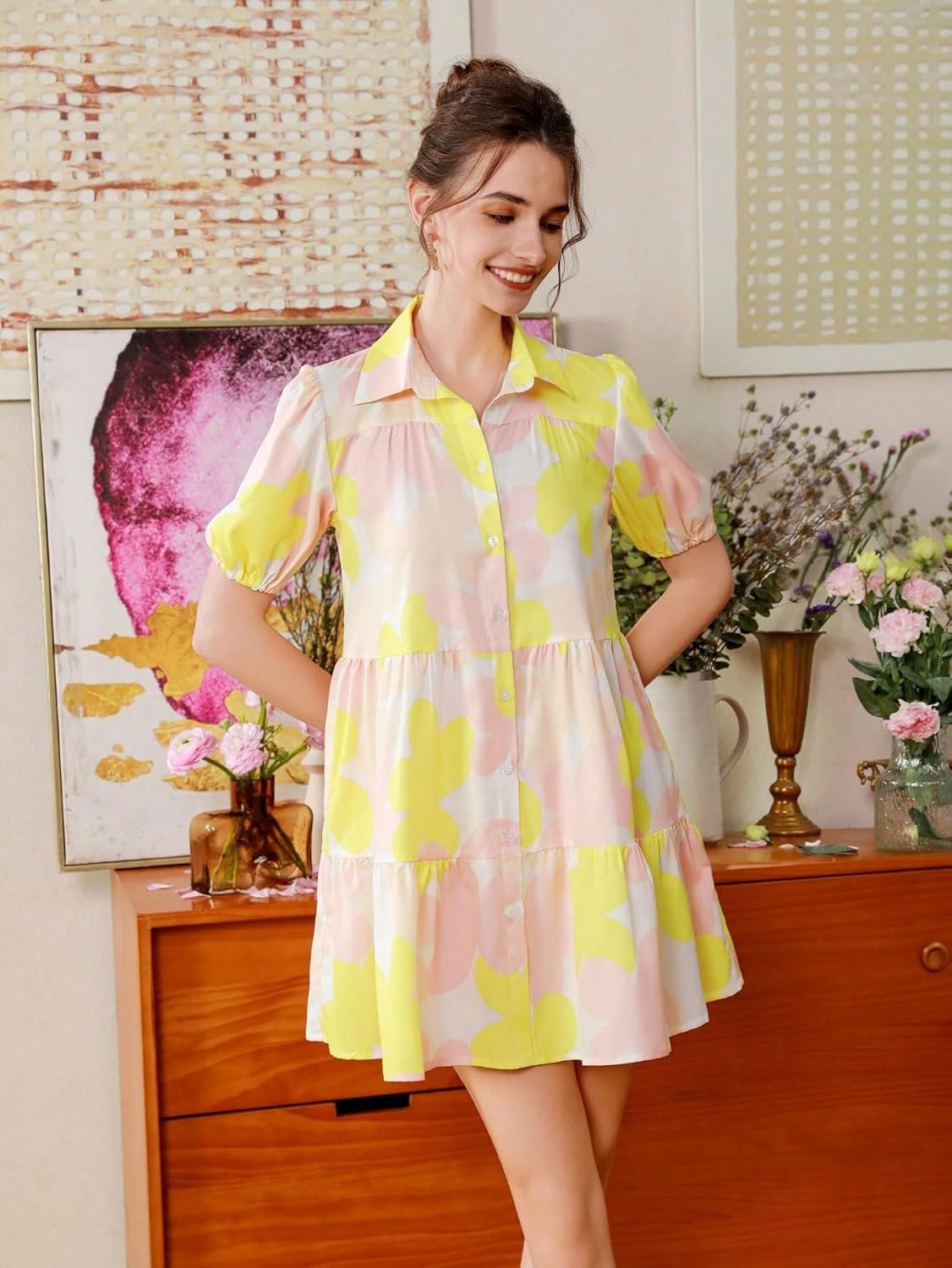 Shasmi Women's Green Flower Print Short Sleeve Button Front All-Over Printed Dresses, Ruffle Hem Smock Dress for Woman (161 Dress) by Prixsa.com - Image 4