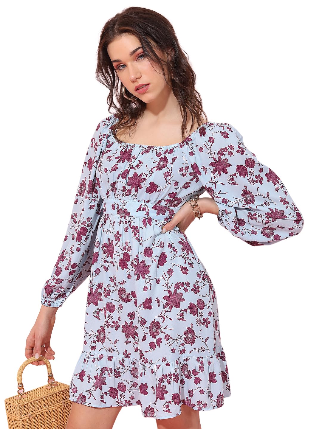 Tokyo Talkies Women's Square Neck Floral A-Line Short Dress | Long Bishop Sleeves | Elegant & Flattering for Any Occasion by Prixsa.com