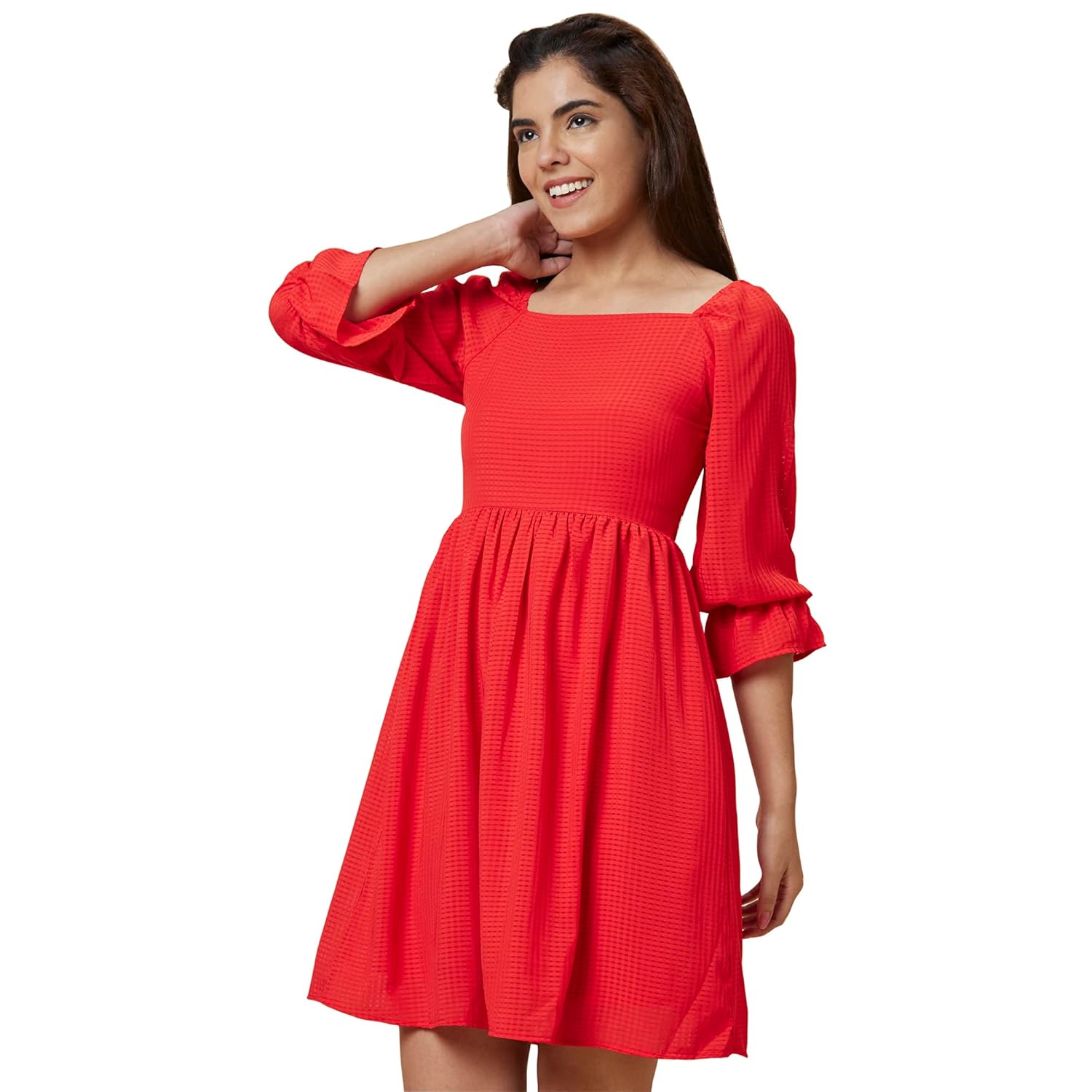 Globus Women Red 3/4 Sleeve Solid Fit & Flare Knee Length Dress by Prixsa.com - Image 4