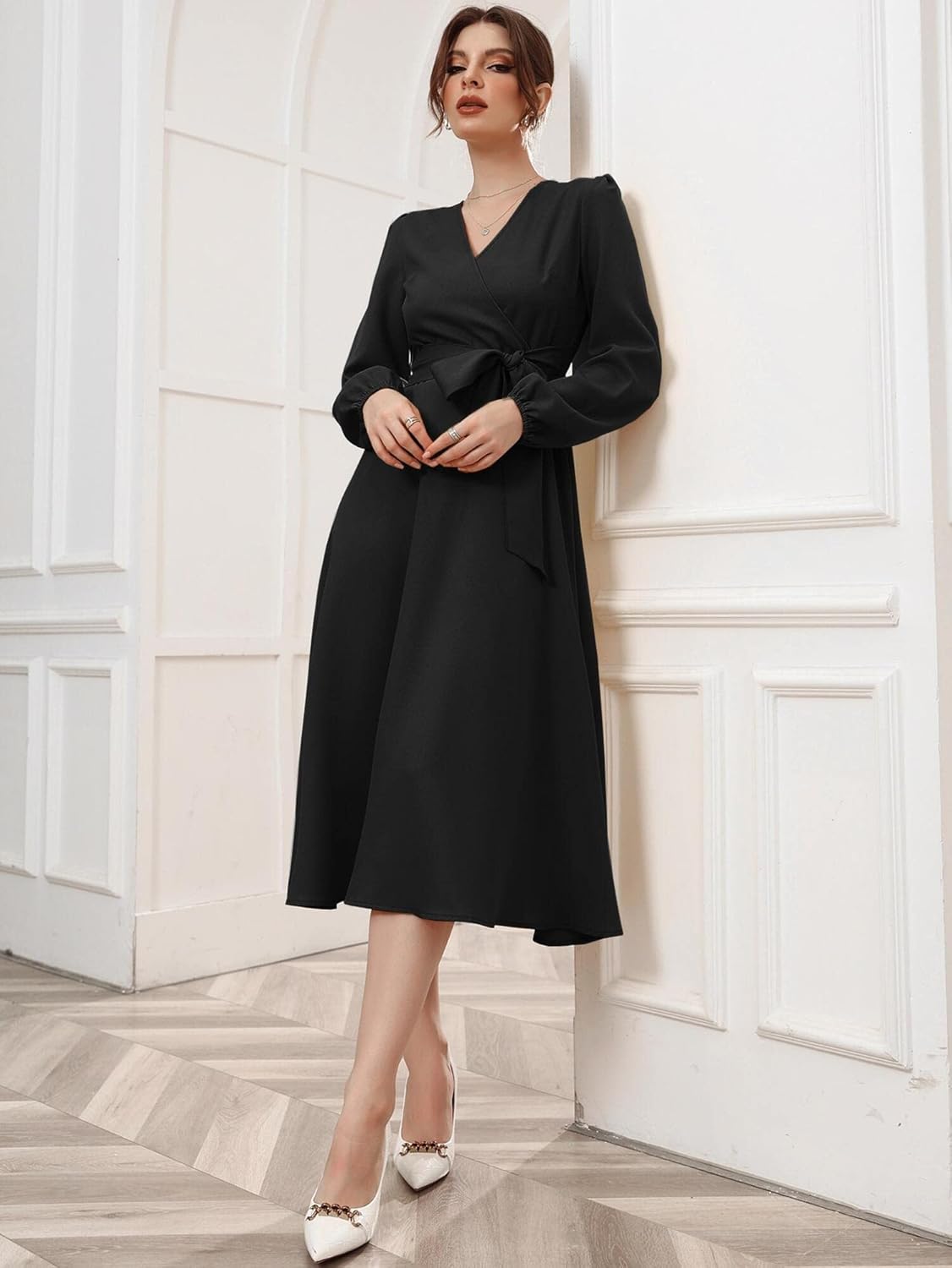 Vivvli Women's Polyester A-line V-Neck Bishop Sleeve Midi Belted Dress by Prixsa.com - Image 3