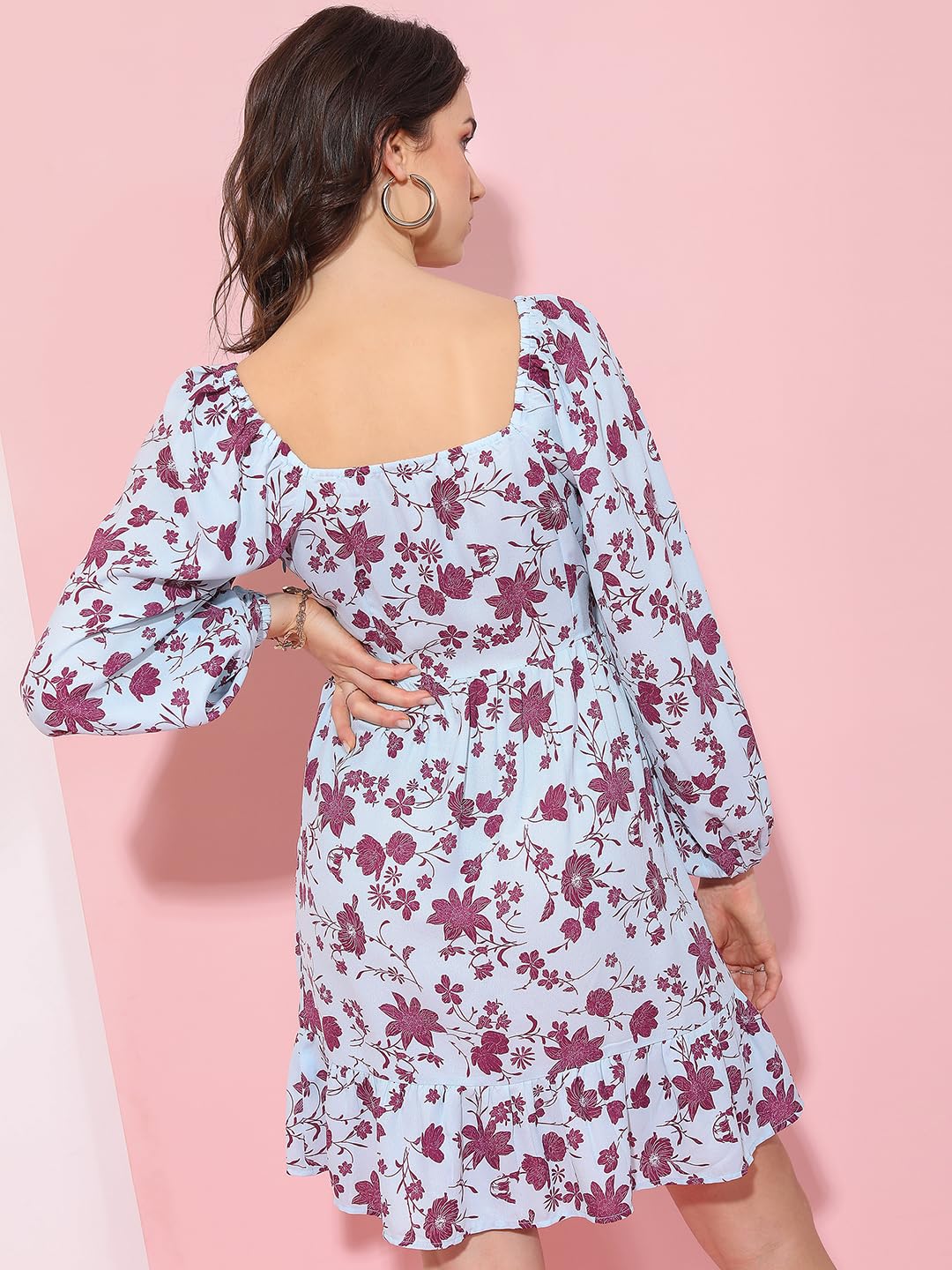 Tokyo Talkies Women's Square Neck Floral A-Line Short Dress | Long Bishop Sleeves | Elegant & Flattering for Any Occasion by Prixsa.com - Image 3