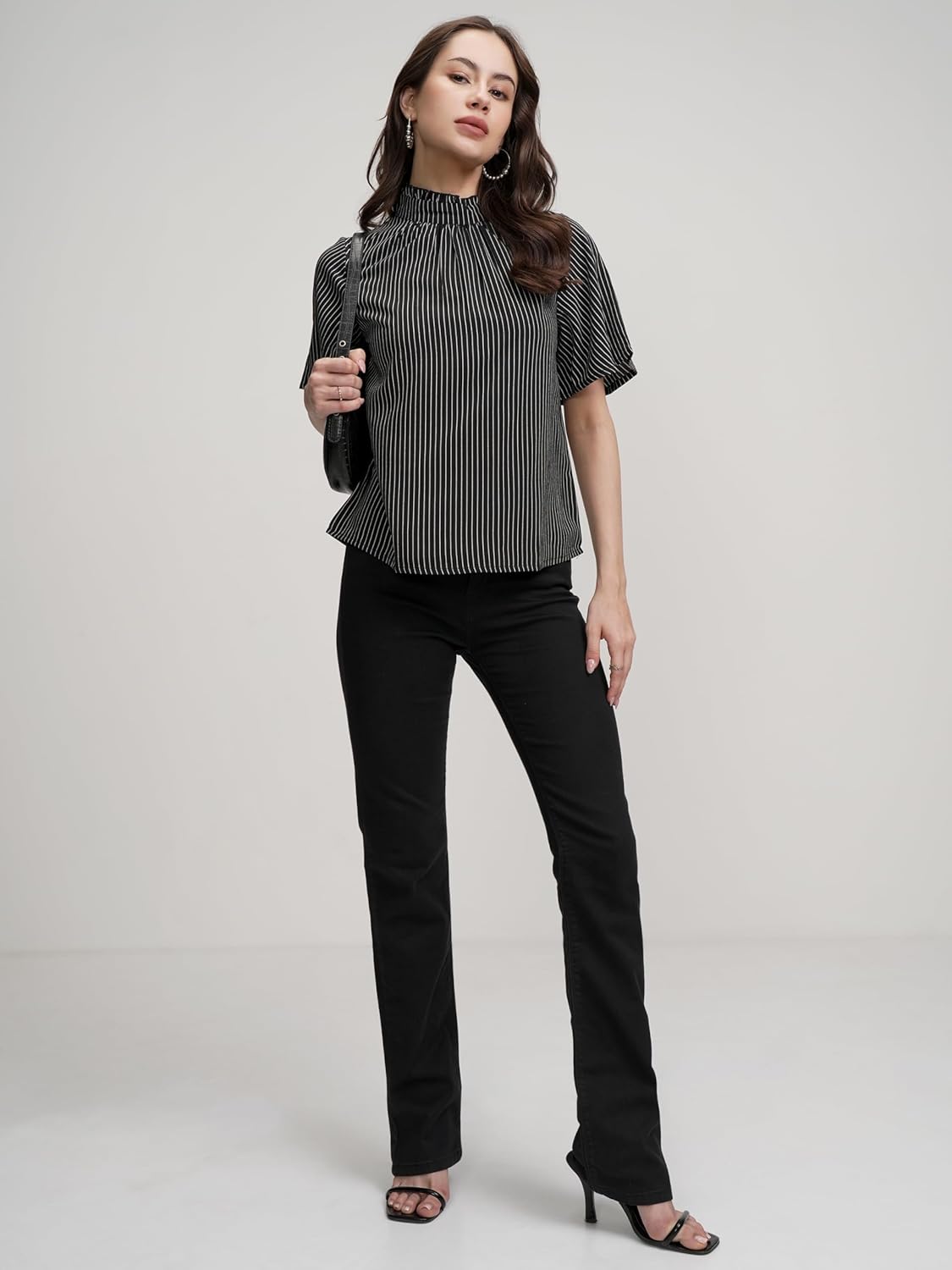 Tokyo Talkies Women's Striped Flared Top | Short Sleeves & High Neckline for A Chic and Effortless Look | Tops for Woman | Women Tops | Stylish Top by Prixsa.com - Image 2