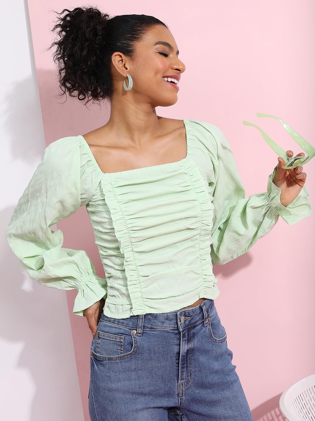 Tokyo Talkies Women's Long Sleeves Square Neck Self Design Tops| Stylish Casual wear by Prixsa.com - Image 4