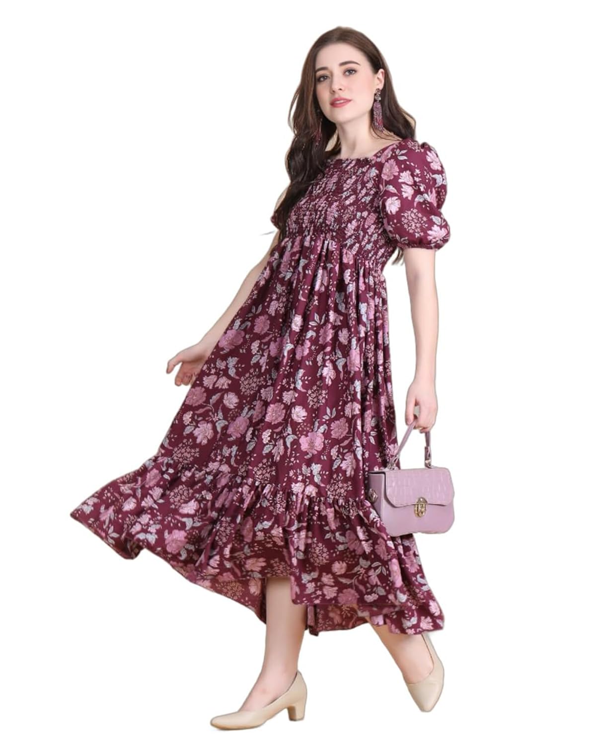 KUDUZO Women's Crepe Material Knee Length Short Sleeve S to XL Size Anarkali Dress for Girls. (KU_D735A_Purple_S) by Prixsa.com