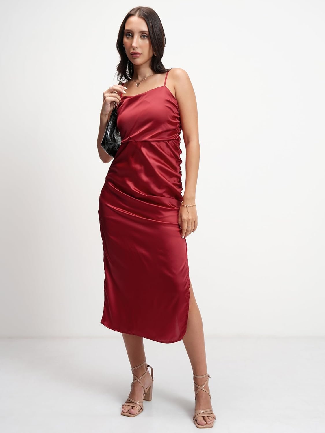 Tokyo Talkies Women's Elegant Shoulder Strap Ruched Sheath Dress | Flattering Short Silhouette for a Chic Look by Prixsa.com - Image 2