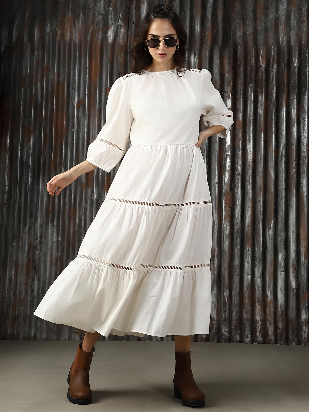 High Star Women Solid Cotton Flared Fit Round Neck Short Sleeve Dresses by Prixsa.com - Image 3