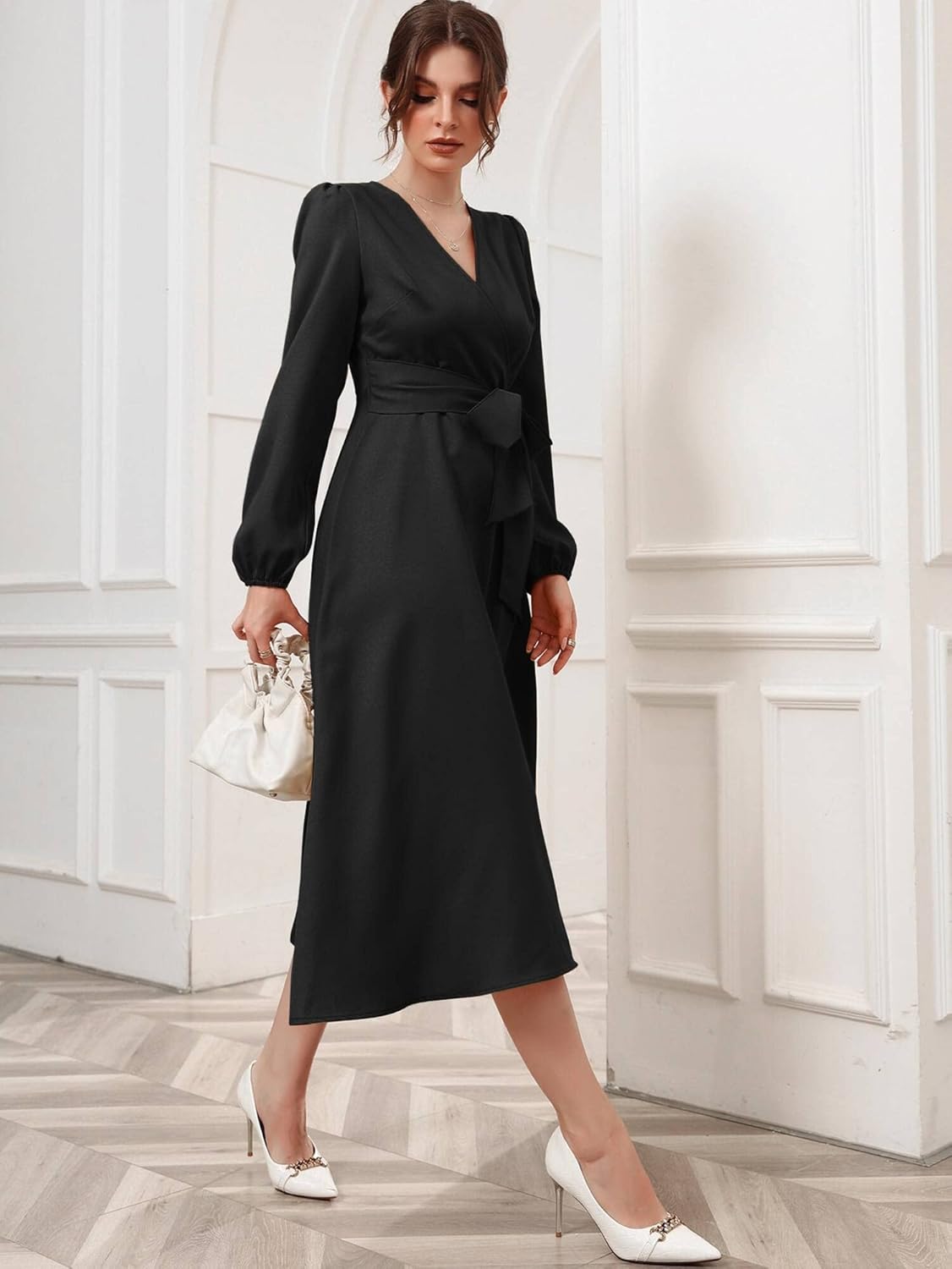 Vivvli Women's Polyester A-line V-Neck Bishop Sleeve Midi Belted Dress by Prixsa.com - Image 4