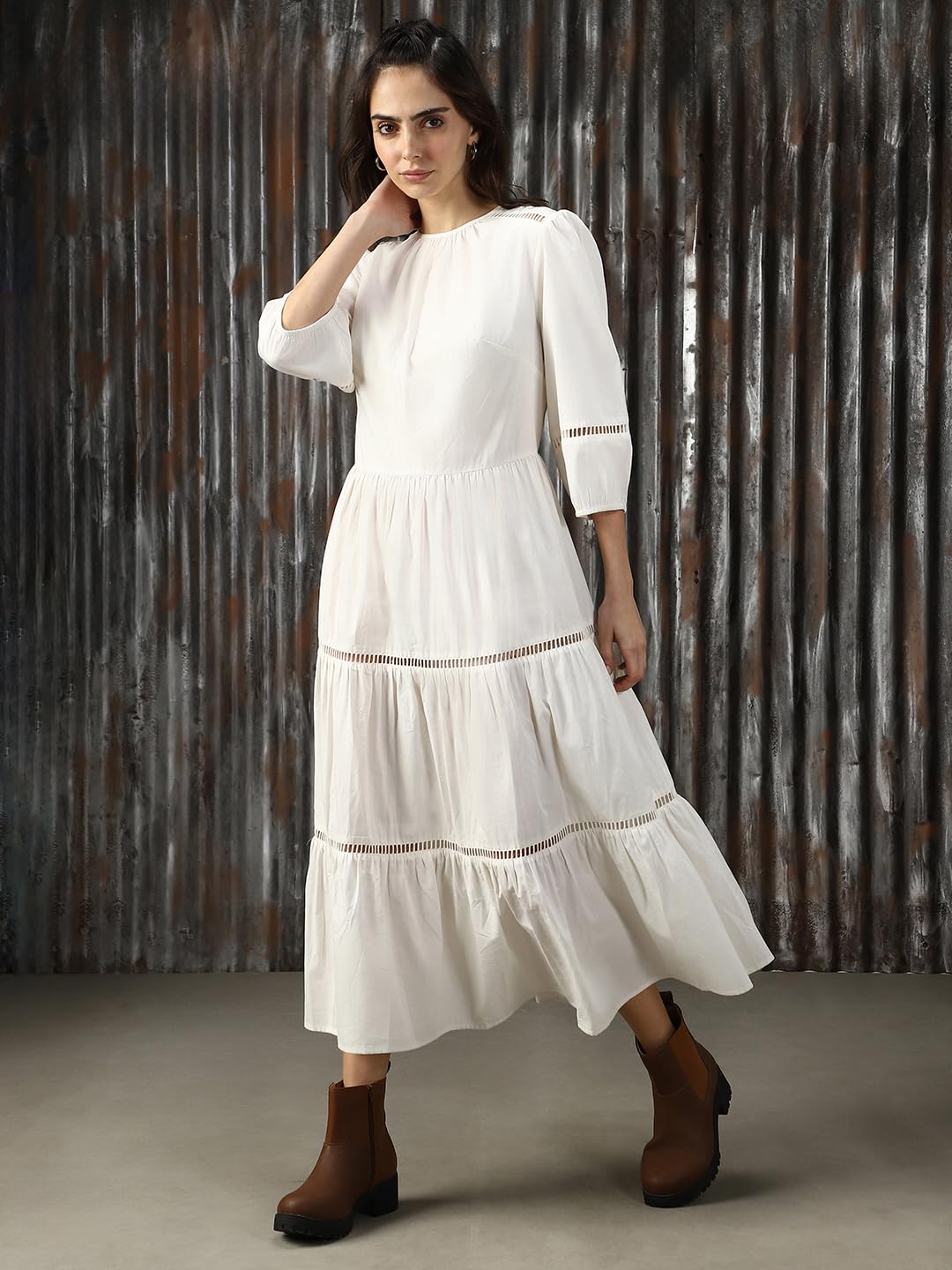 High Star Women Solid Cotton Flared Fit Round Neck Short Sleeve Dresses by Prixsa.com - Image 4