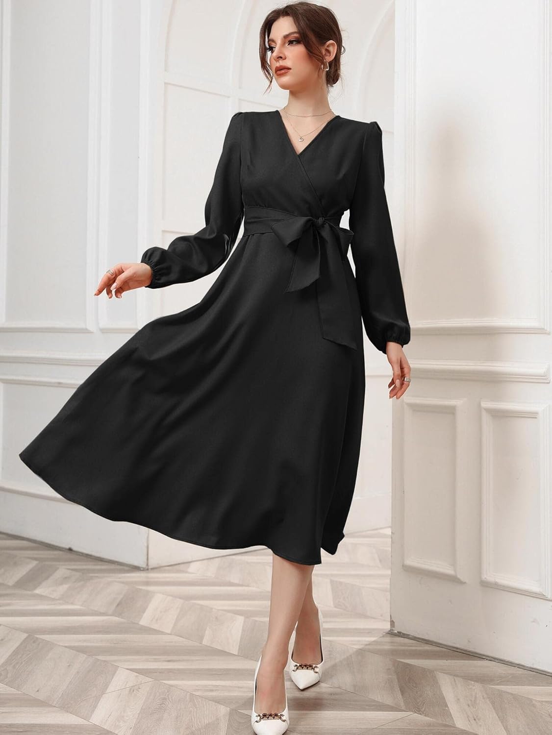 Vivvli Women's Polyester A-line V-Neck Bishop Sleeve Midi Belted Dress by Prixsa.com - Image 2