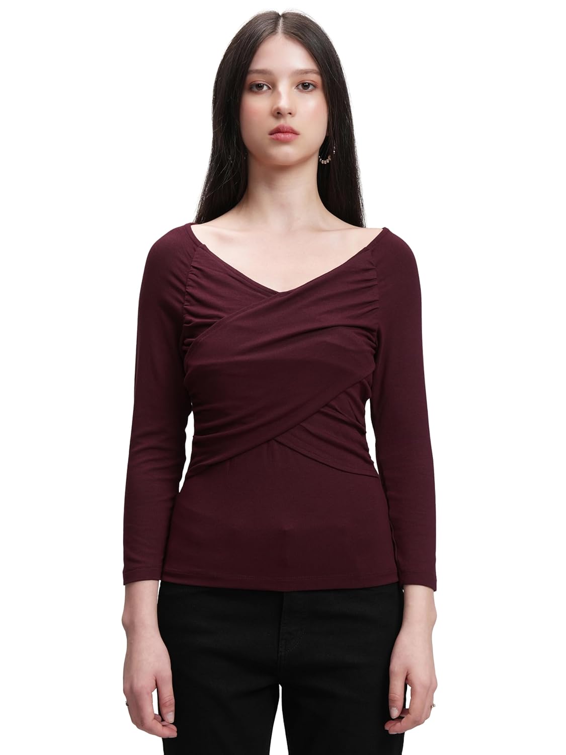 Tokyo Talkies Women's Round Neck Full Sleeve Regular Top with Wrap Gather | Stylish & Comfortable | Perfect for Casual & Day Outings | Tops for Woman | Women Tops | Stylish Top by Prixsa.com