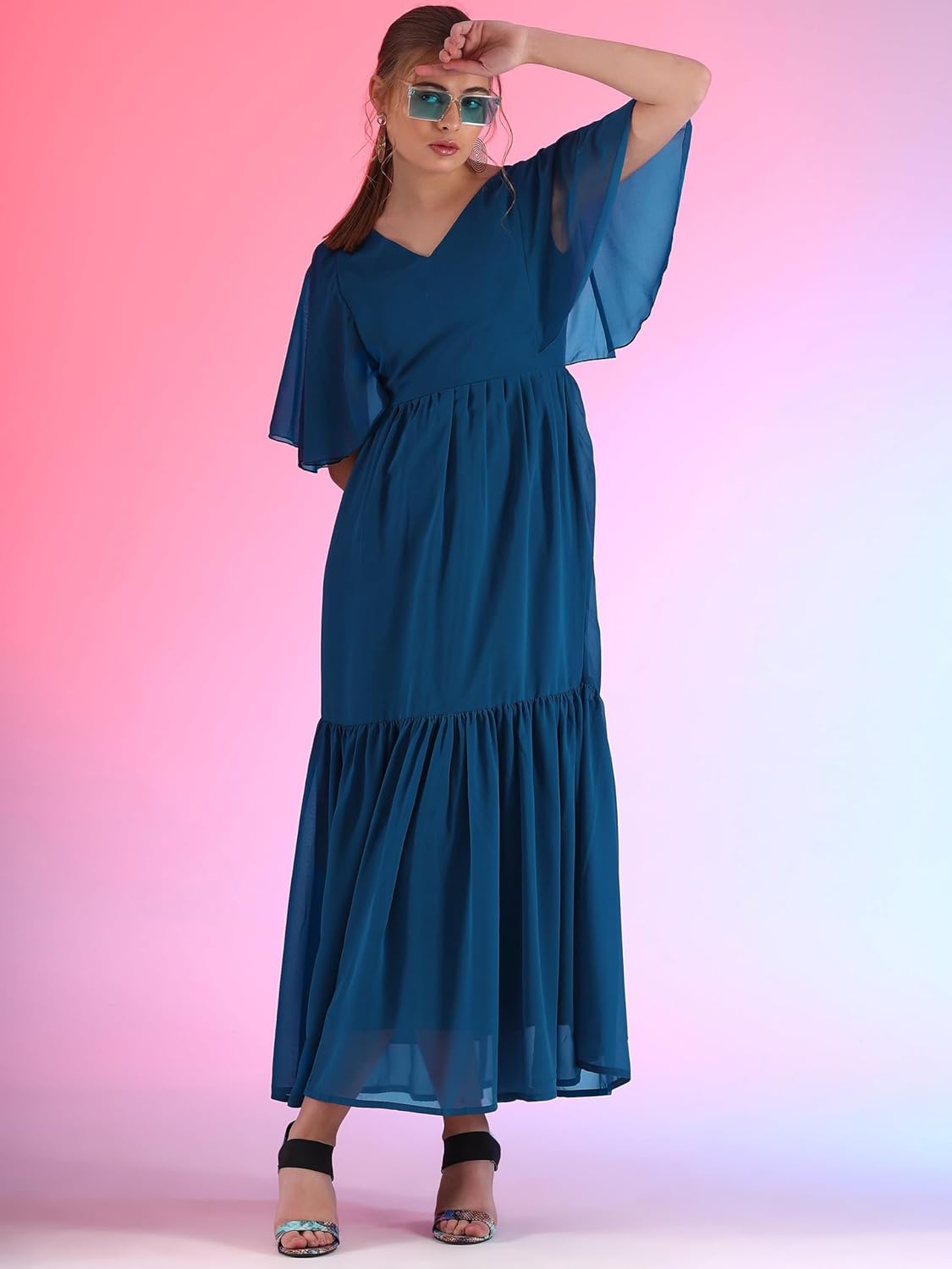 Sheetal Associates Women's Georgette Solid Casual Maxi Fit and Flare Dress by Prixsa.com - Image 5