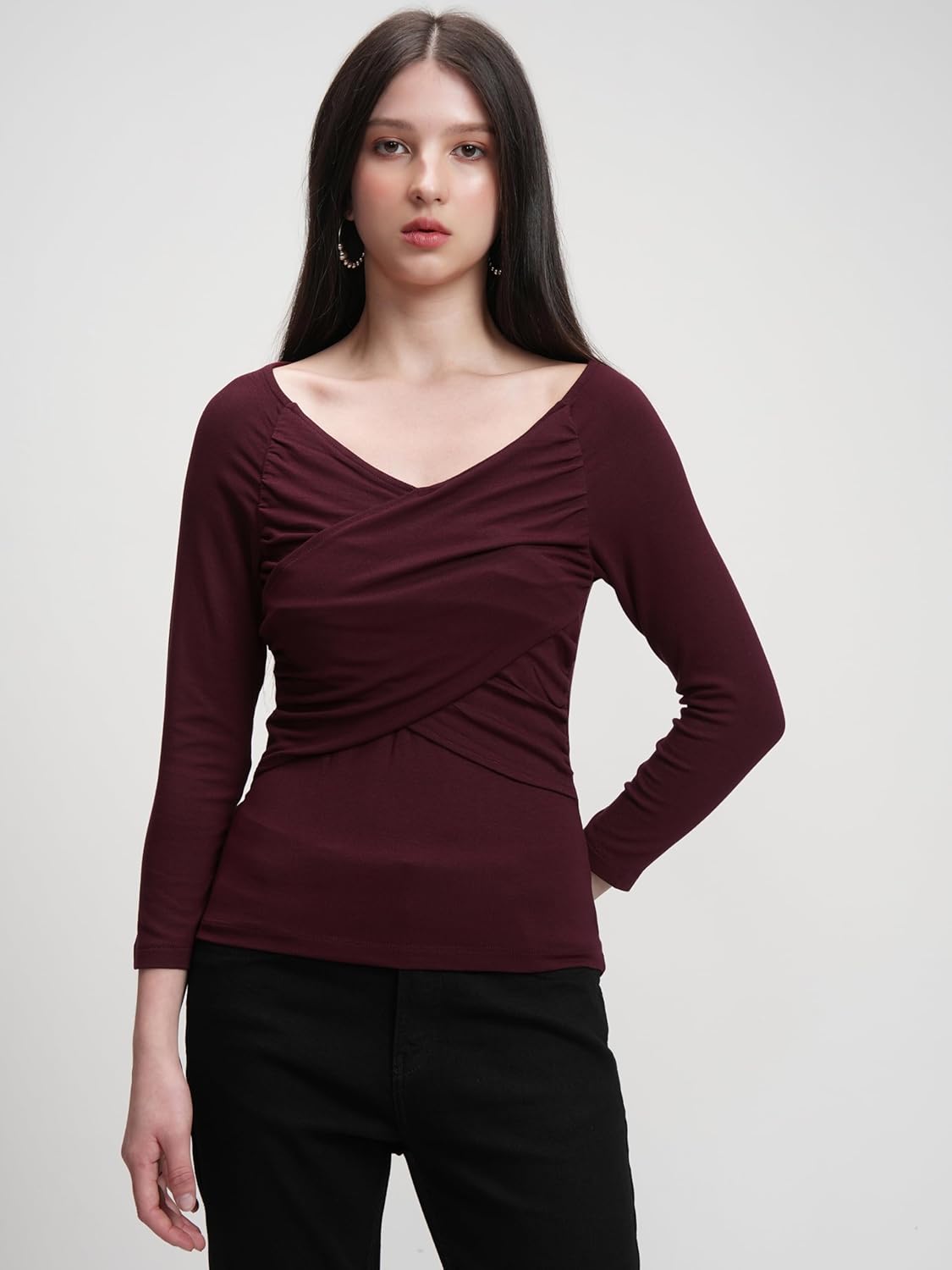 Tokyo Talkies Women's Round Neck Full Sleeve Regular Top with Wrap Gather | Stylish & Comfortable | Perfect for Casual & Day Outings | Tops for Woman | Women Tops | Stylish Top by Prixsa.com - Image 5