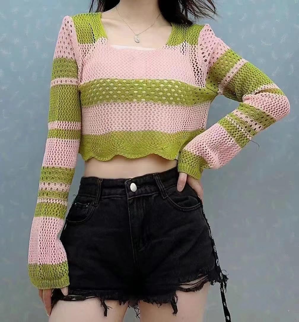 ICW Women's Korean Style Knitted Sheer Crochet Long Sleeve Hollow Out Colour Block Print Crop Top T-Shirt Sweater (One Size Fit XS-S-M Bust 32-36 Inch) 29 by Prixsa.com - Image 2