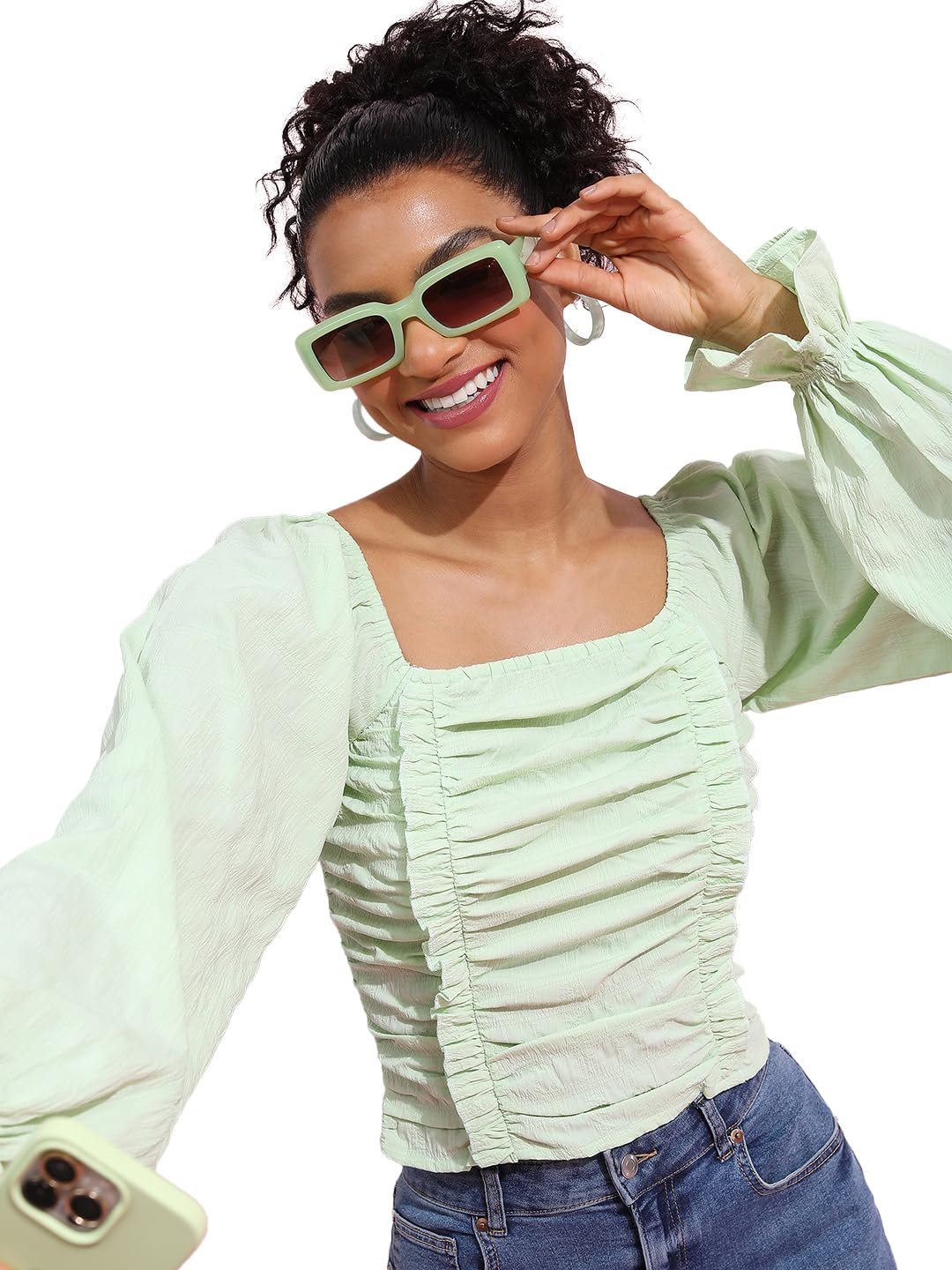 Tokyo Talkies Women's Long Sleeves Square Neck Self Design Tops| Stylish Casual wear by Prixsa.com