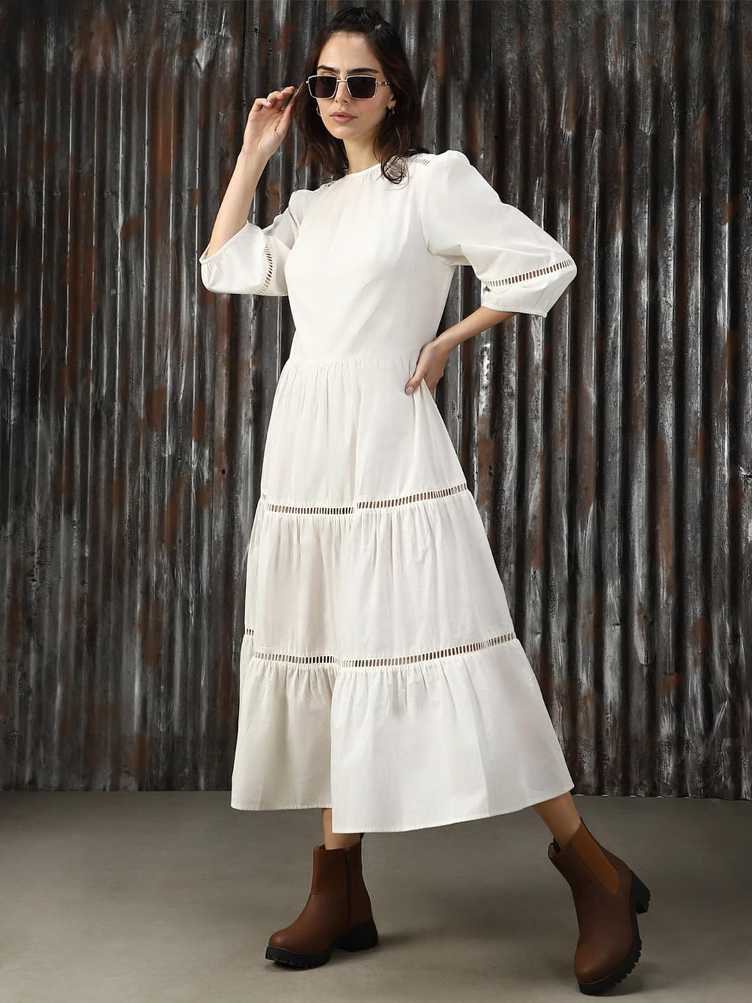High Star Women Solid Cotton Flared Fit Round Neck Short Sleeve Dresses by Prixsa.com - Image 2