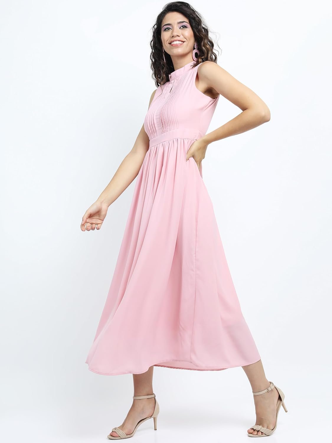 Tokyo Talkies Women's Elegant Floral | A-Line Midi Dress | Sweetheart Neck | Short Sleeves |Front Slit & Gathered Detail by Prixsa.com - Image 4