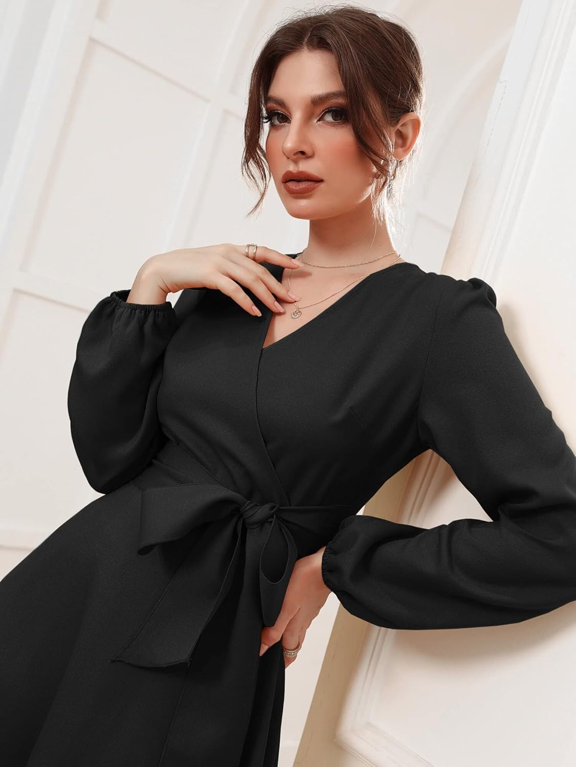 Vivvli Women's Polyester A-line V-Neck Bishop Sleeve Midi Belted Dress by Prixsa.com - Image 6