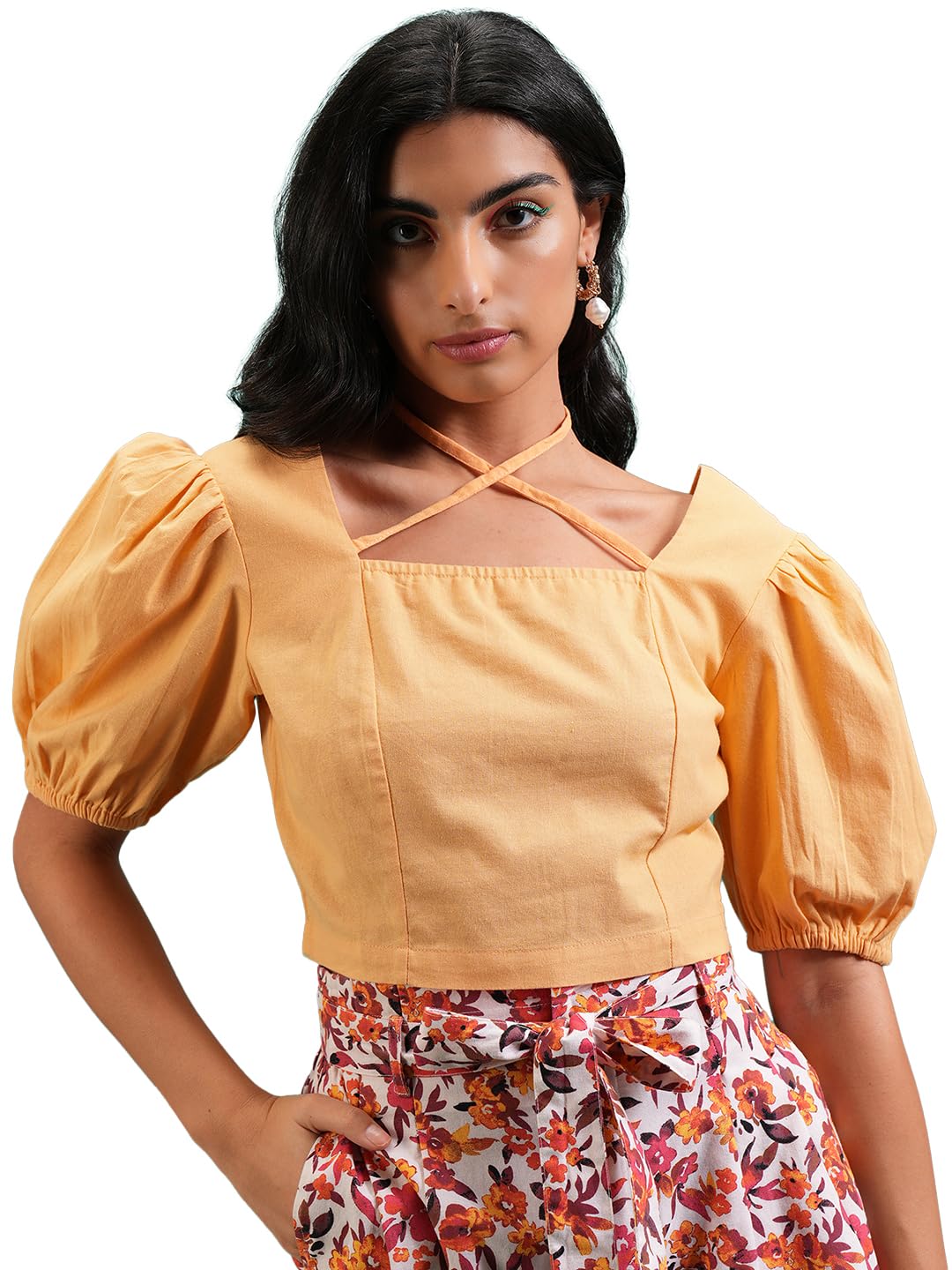 Tokyo Talkies Women's Short Sleeves Square Neck Solid Tops| Stylish | Casual Wear by Prixsa.com