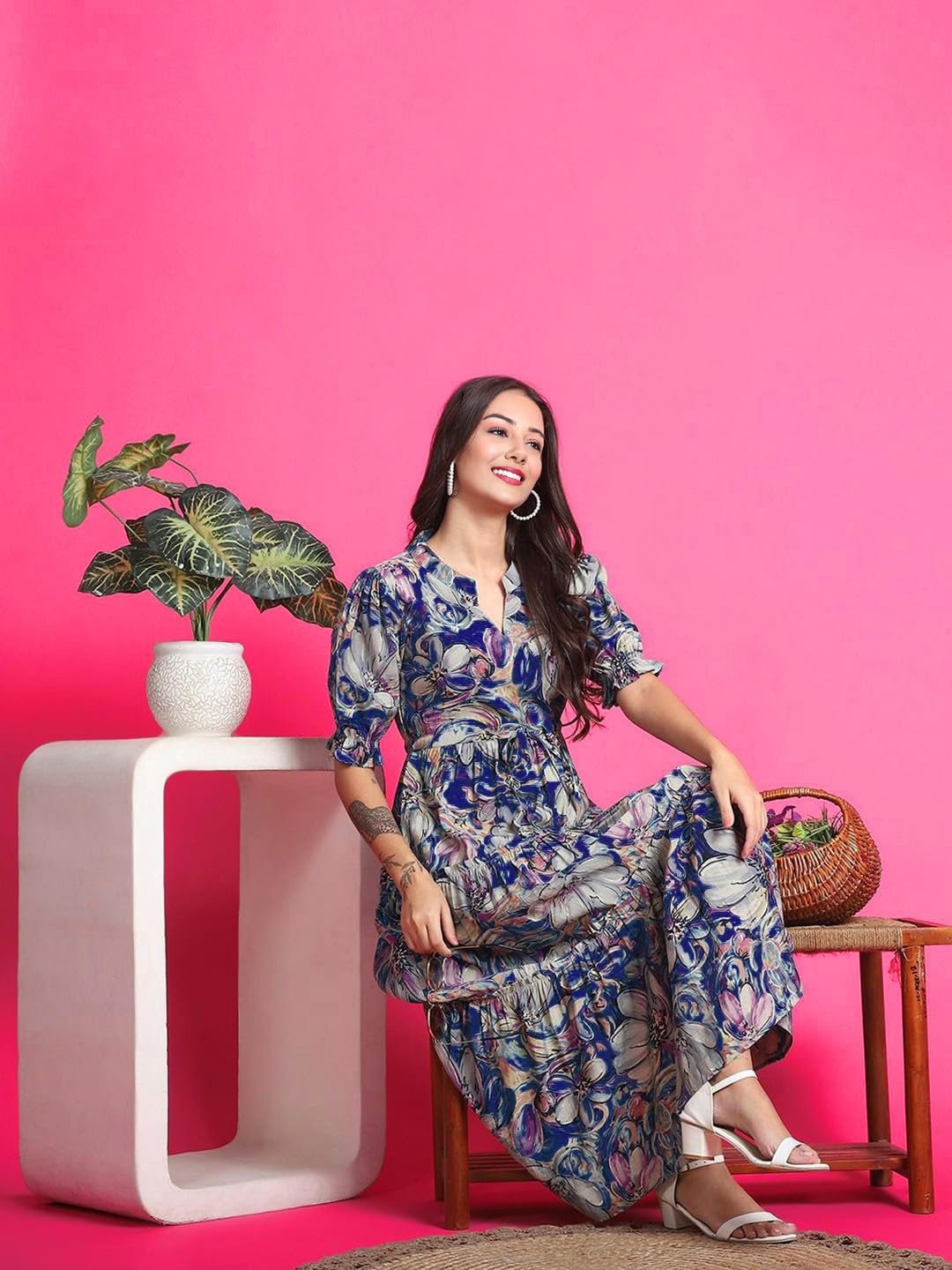 PRESHA Women's Fit and Flare Pure Cotton Long Maxi Dress (SP-22 Blue) by Prixsa.com - Image 4