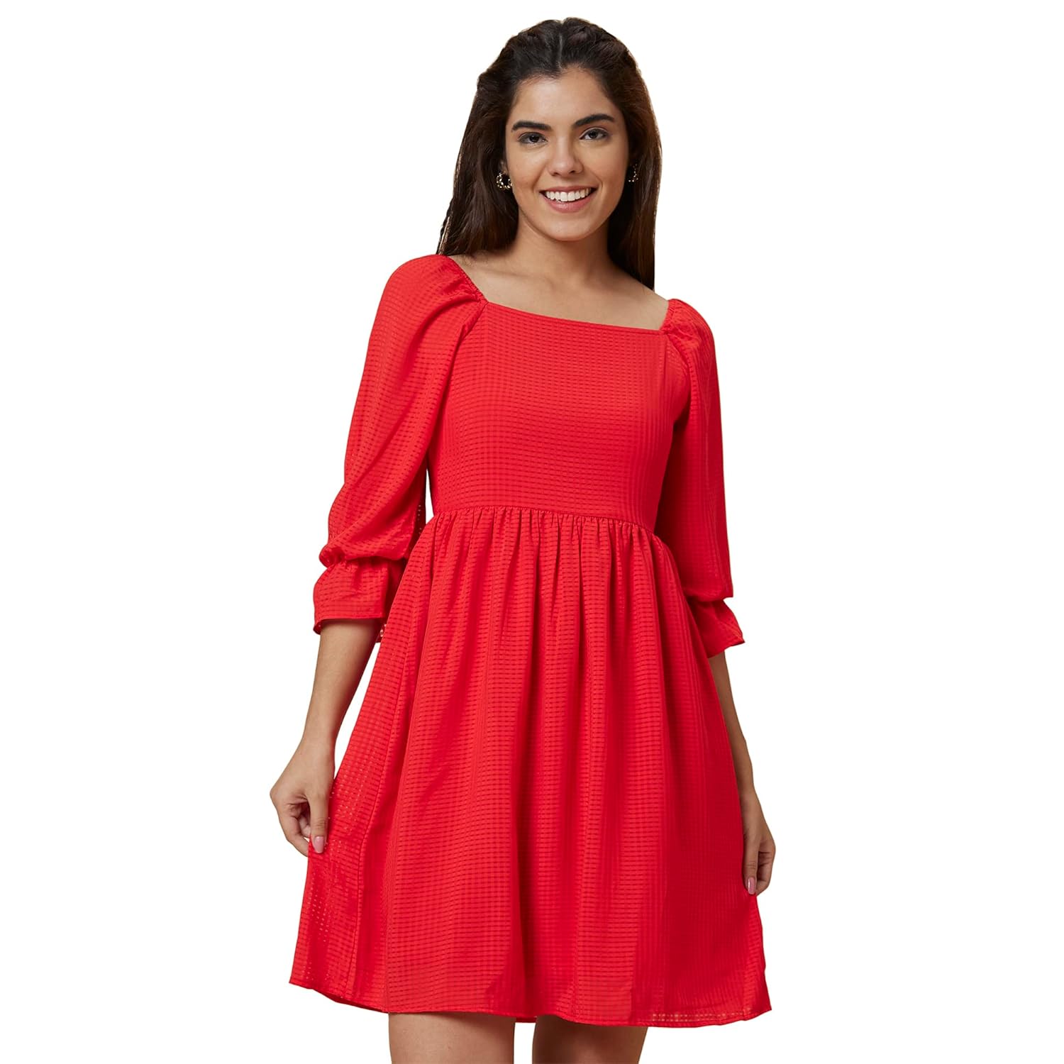 Globus Women Red 3/4 Sleeve Solid Fit & Flare Knee Length Dress by Prixsa.com
