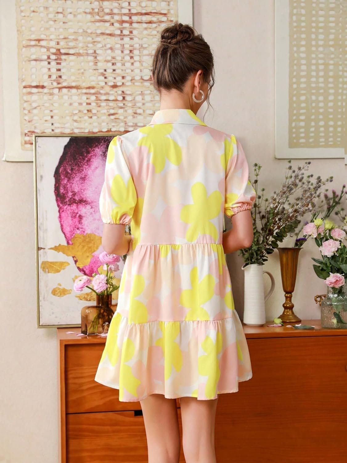 Shasmi Women's Green Flower Print Short Sleeve Button Front All-Over Printed Dresses, Ruffle Hem Smock Dress for Woman (161 Dress) by Prixsa.com - Image 2