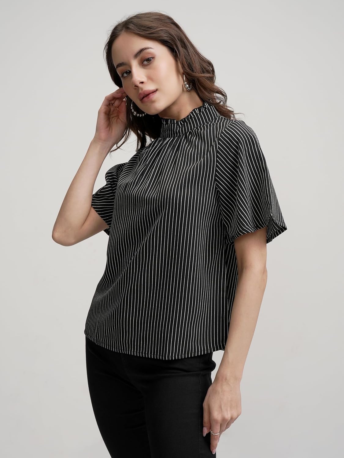 Tokyo Talkies Women's Striped Flared Top | Short Sleeves & High Neckline for A Chic and Effortless Look | Tops for Woman | Women Tops | Stylish Top by Prixsa.com - Image 7