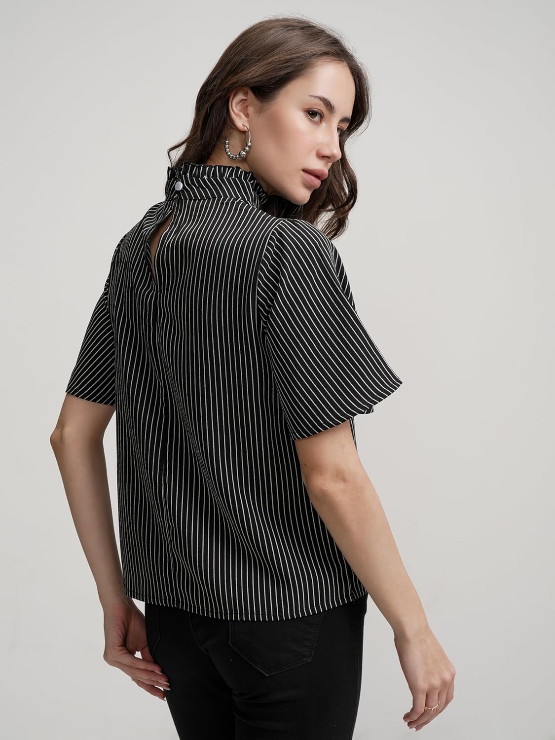 Tokyo Talkies Women's Striped Flared Top | Short Sleeves & High Neckline for A Chic and Effortless Look | Tops for Woman | Women Tops | Stylish Top by Prixsa.com - Image 6