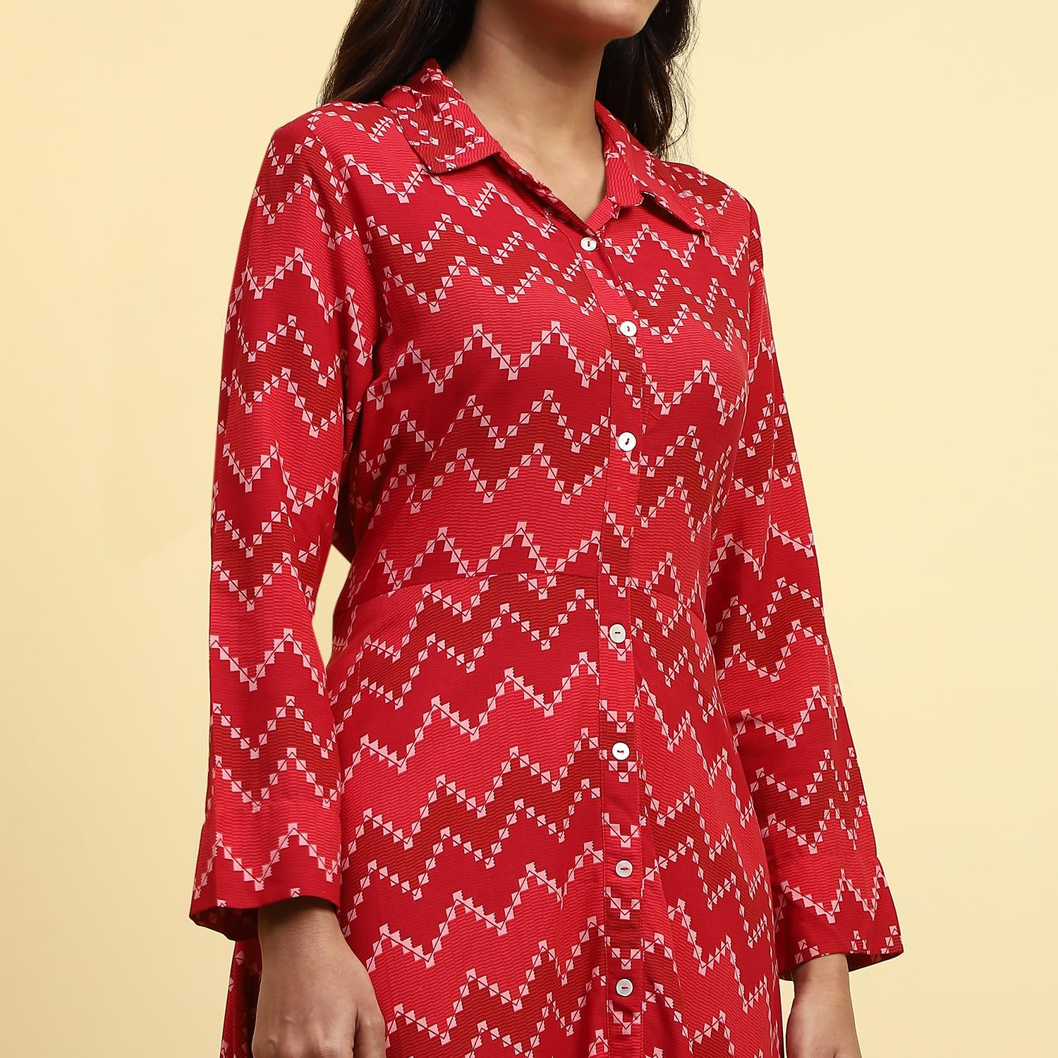 BIBA Women Chevron Block Printed Shirt-Style Flared Dress by Prixsa.com - Image 2