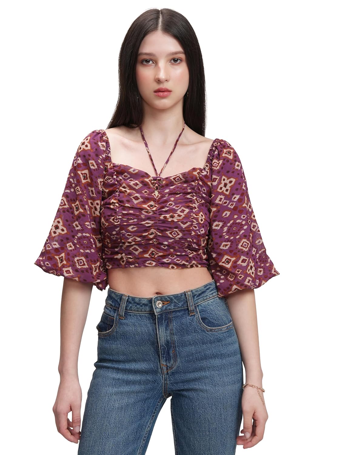 Tokyo Talkies Women's Floral Printfitted Crop Top | Short Puff Sleeves | Chic & Feminine & Square Neck | Tops for Woman | Women Tops | Women Crop Top by Prixsa.com