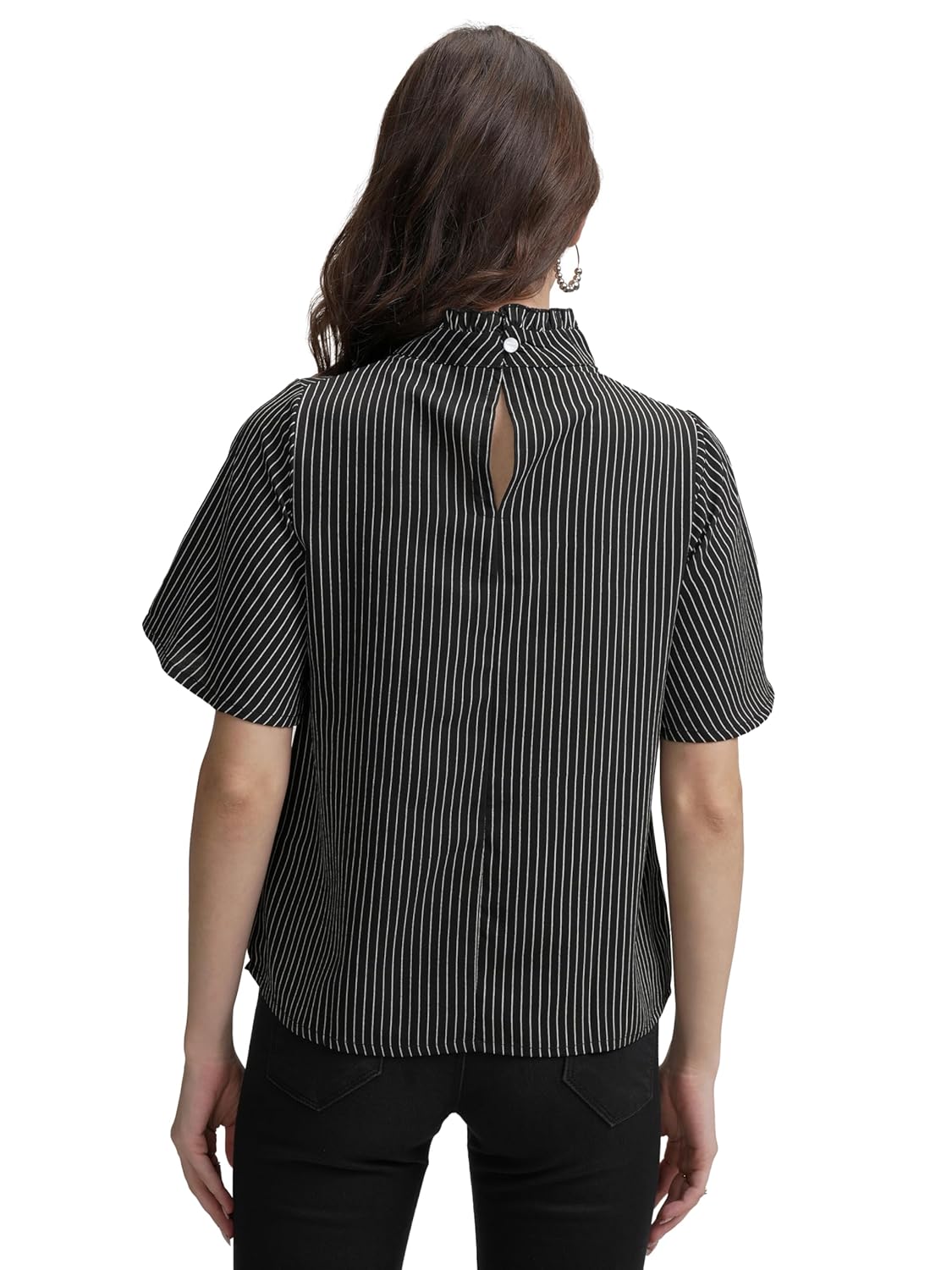 Tokyo Talkies Women's Striped Flared Top | Short Sleeves & High Neckline for A Chic and Effortless Look | Tops for Woman | Women Tops | Stylish Top by Prixsa.com - Image 3