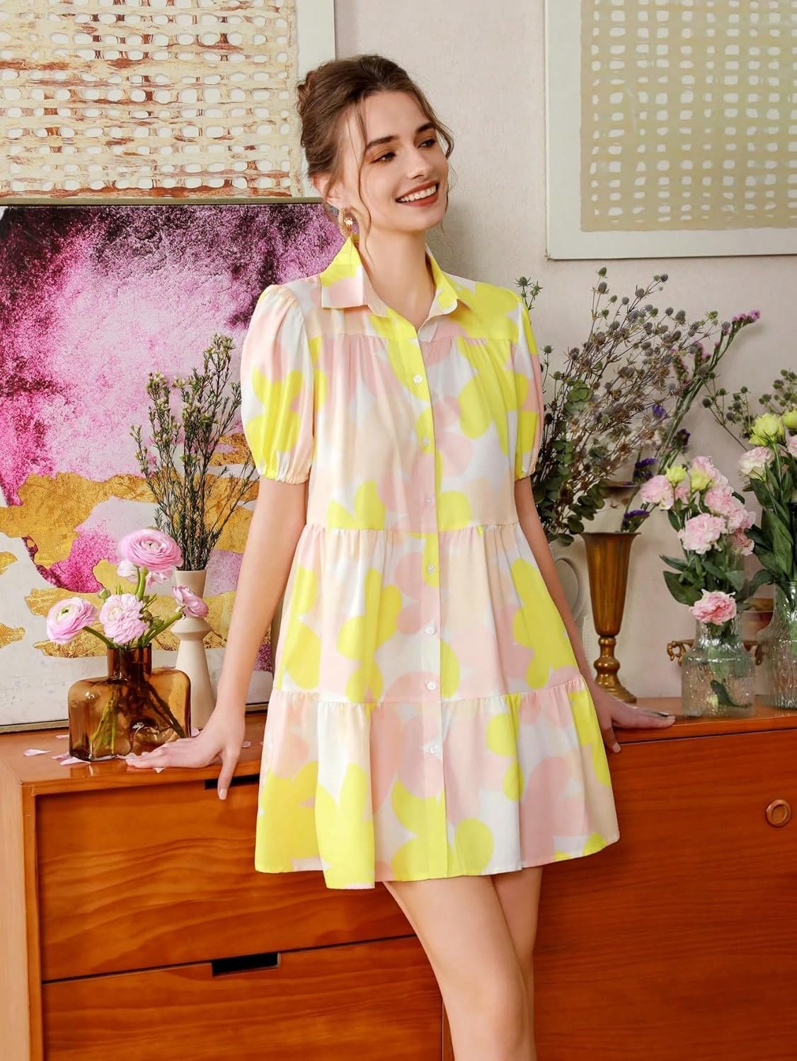 Shasmi Women's Green Flower Print Short Sleeve Button Front All-Over Printed Dresses, Ruffle Hem Smock Dress for Woman (161 Dress) by Prixsa.com - Image 5