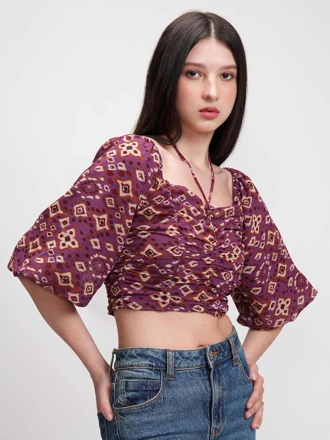 Tokyo Talkies Women's Floral Printfitted Crop Top | Short Puff Sleeves | Chic & Feminine & Square Neck | Tops for Woman | Women Tops | Women Crop Top by Prixsa.com - Image 4