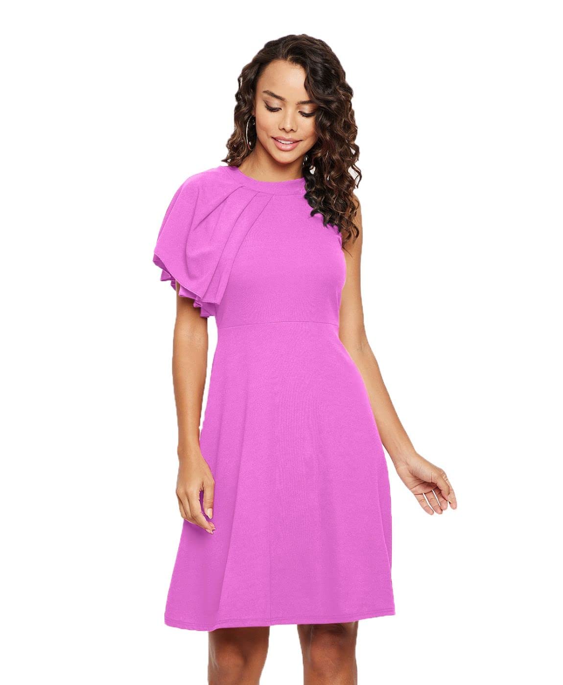 Uptownie Lite Women's Stretchable Solid Fit & Flare Skater High Neck Knee-Length Dress by Prixsa.com