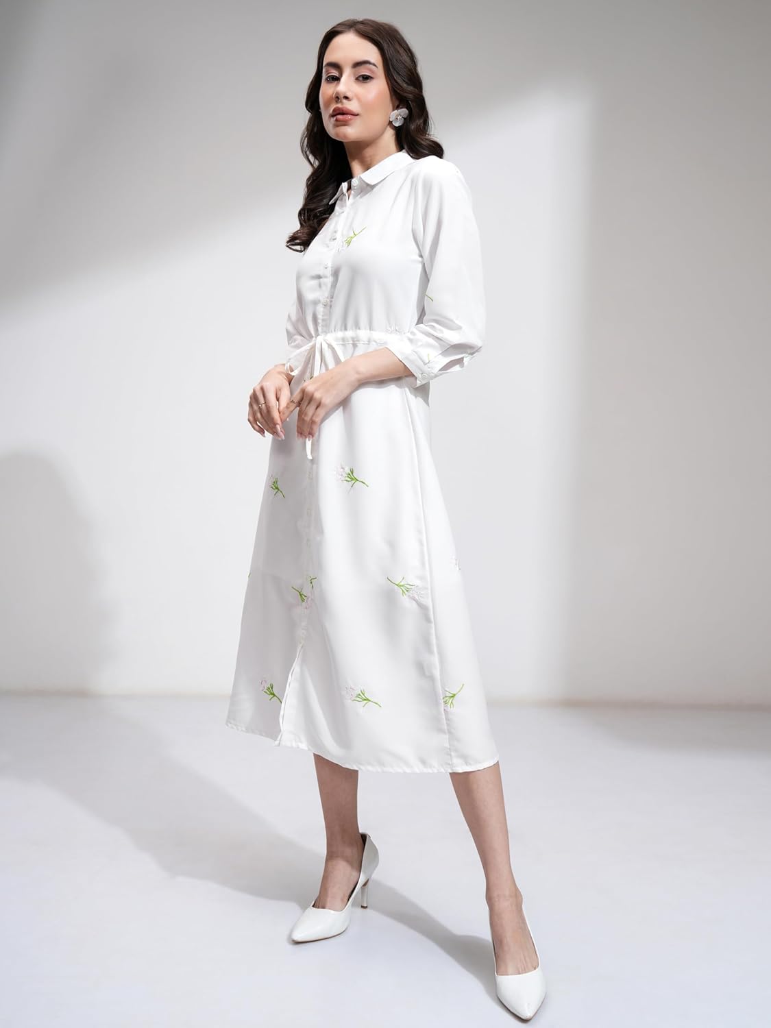 Tokyo Talkies Women's Three-Quarter Sleeves Shirt Collar Self Design Dresses | Stylish Dresses | Casual Dresses by Prixsa.com - Image 5