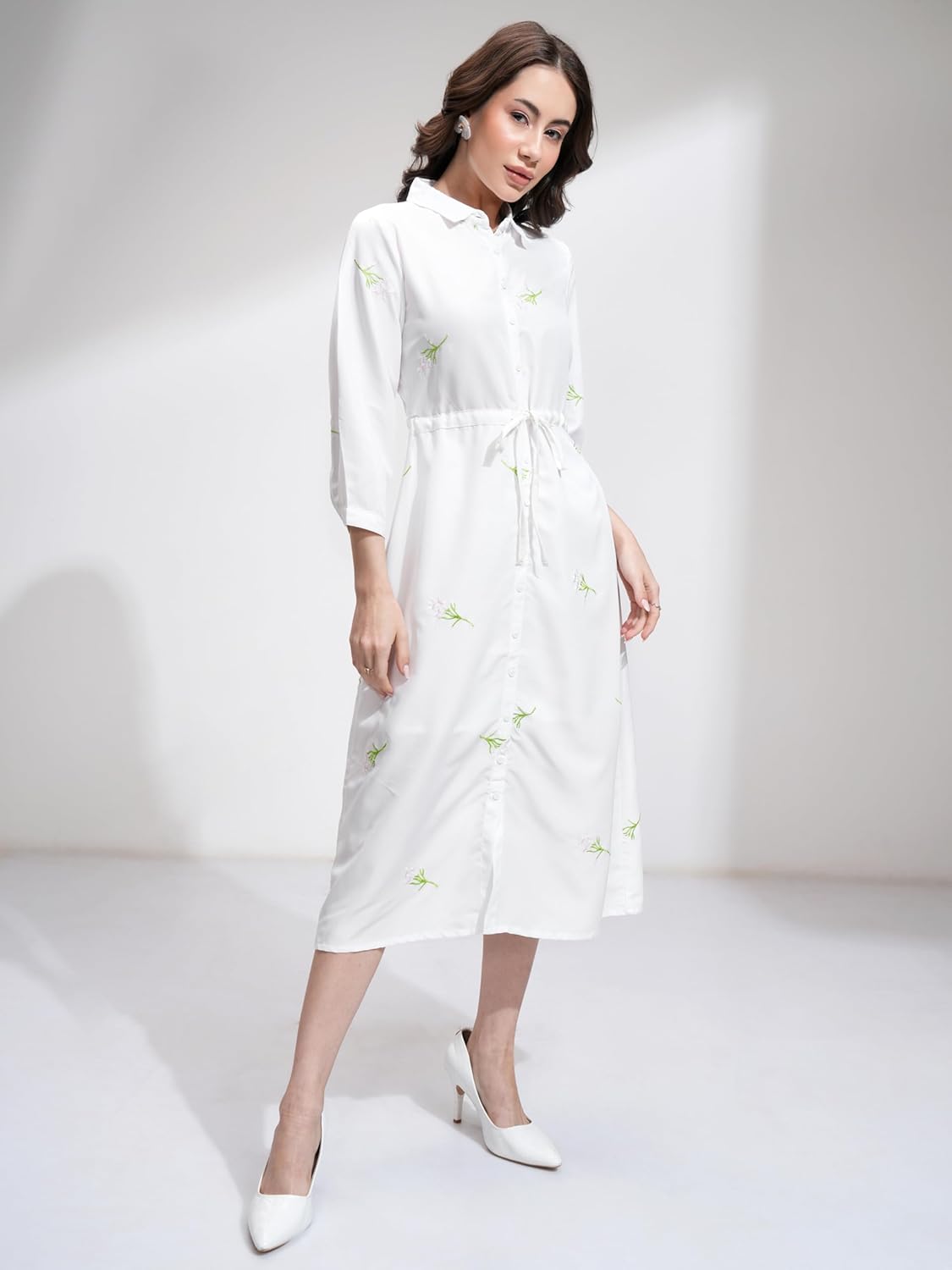 Tokyo Talkies Women's Three-Quarter Sleeves Shirt Collar Self Design Dresses | Stylish Dresses | Casual Dresses by Prixsa.com - Image 4