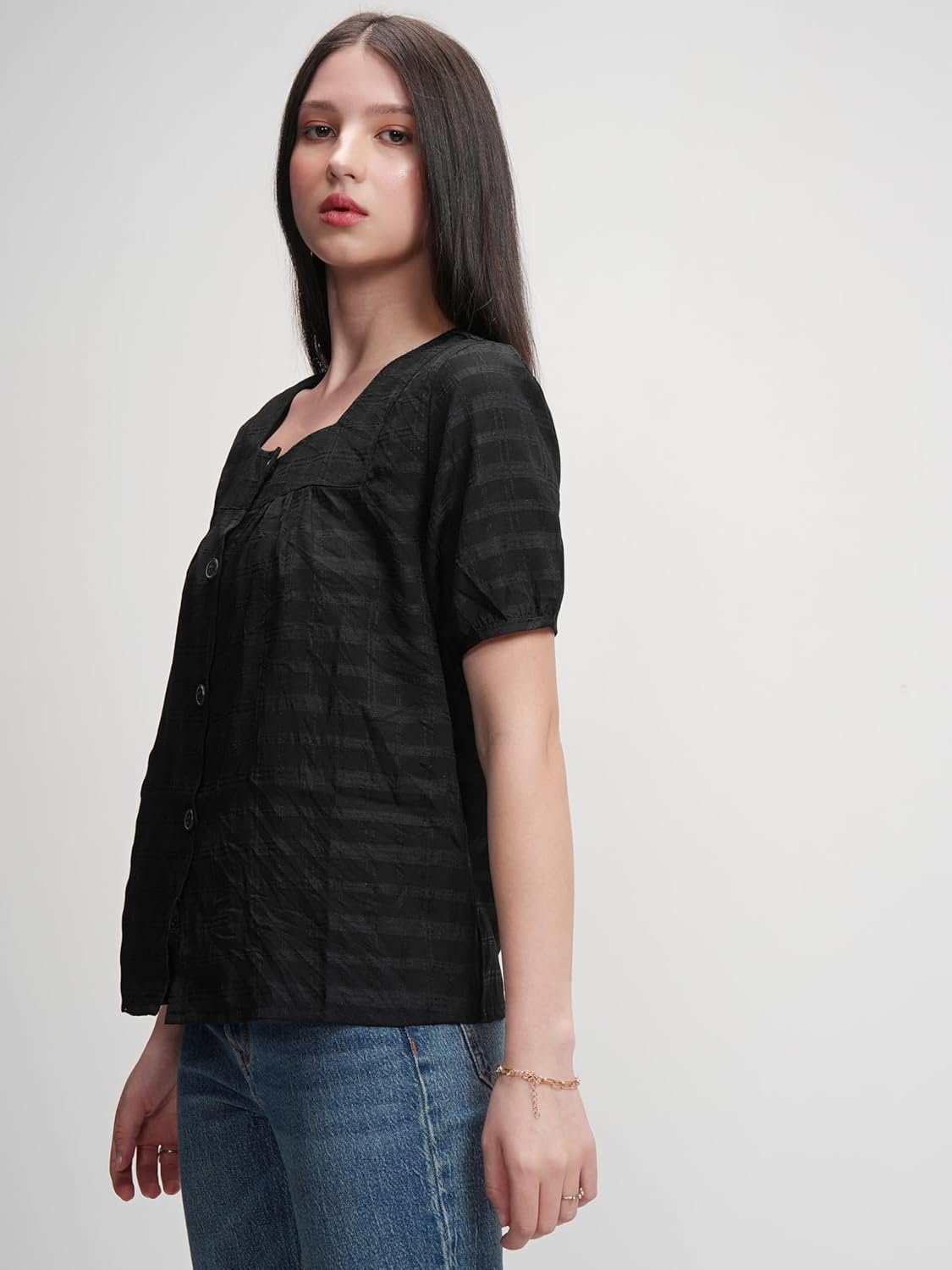 Tokyo Talkies Women's Checked Shirt-Style Top | Square Neck | Short Sleeves | Casual & Chic | Perfect for Day Outings, Brunches & Weekend Wear | Tops for Woman | Women Tops | Stylish Top by Prixsa.com - Image 7