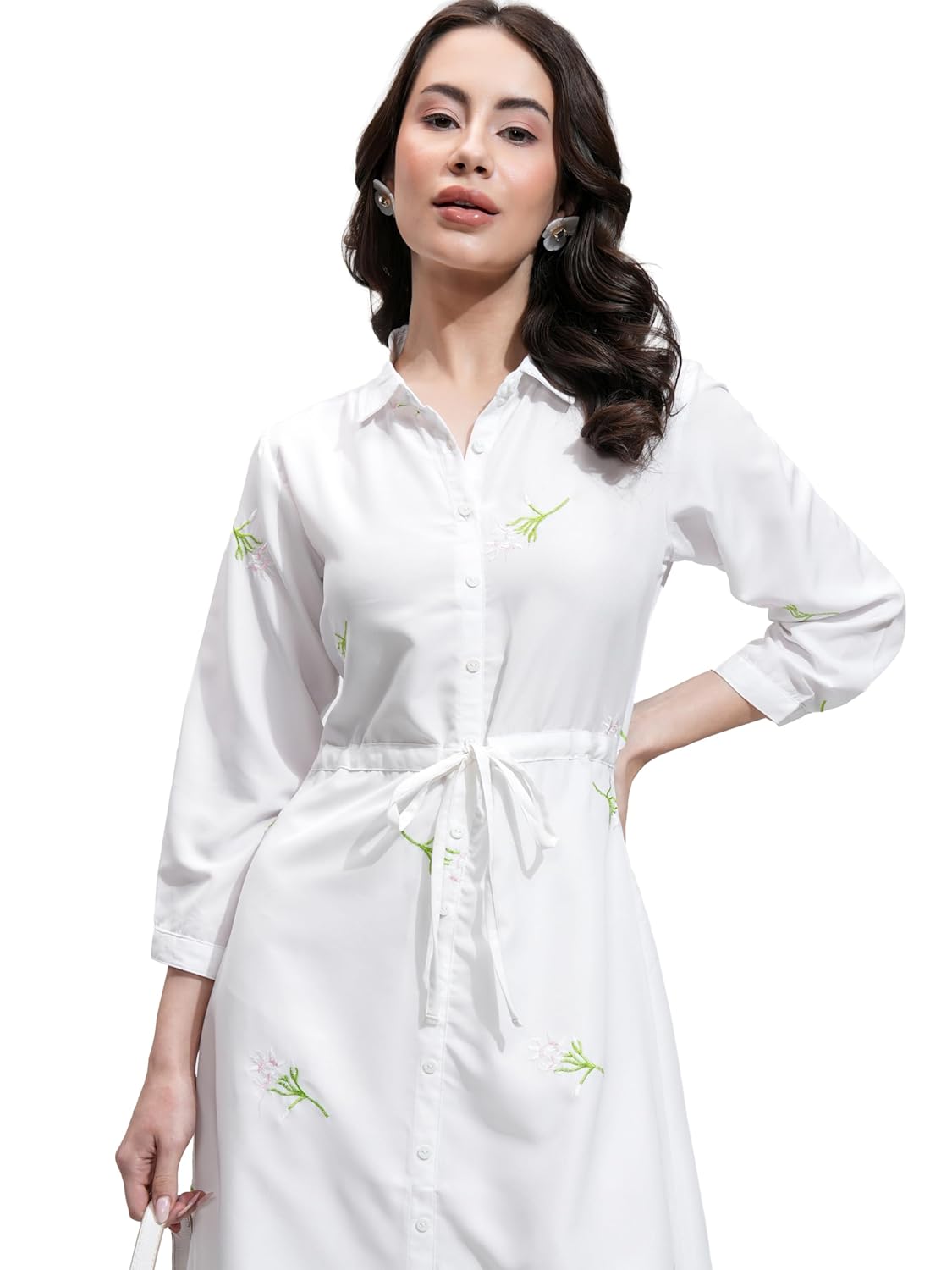 Tokyo Talkies Women's Three-Quarter Sleeves Shirt Collar Self Design Dresses | Stylish Dresses | Casual Dresses by Prixsa.com