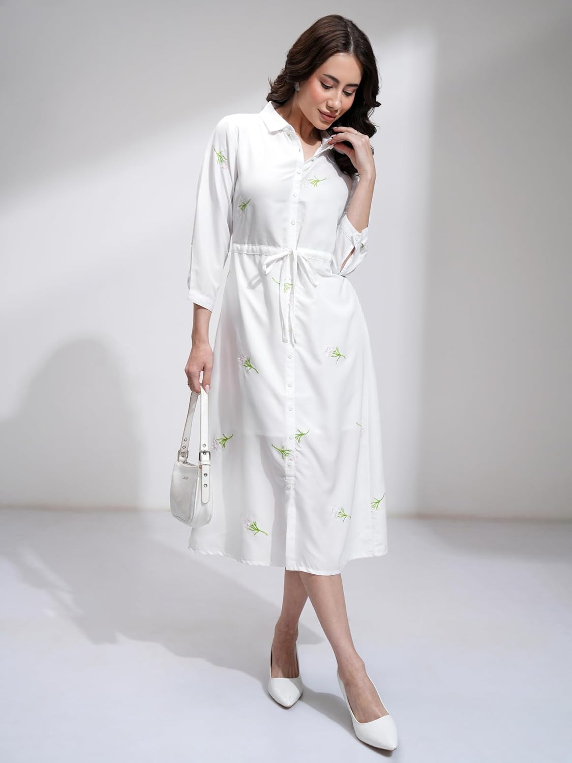 Tokyo Talkies Women's Three-Quarter Sleeves Shirt Collar Self Design Dresses | Stylish Dresses | Casual Dresses by Prixsa.com - Image 2