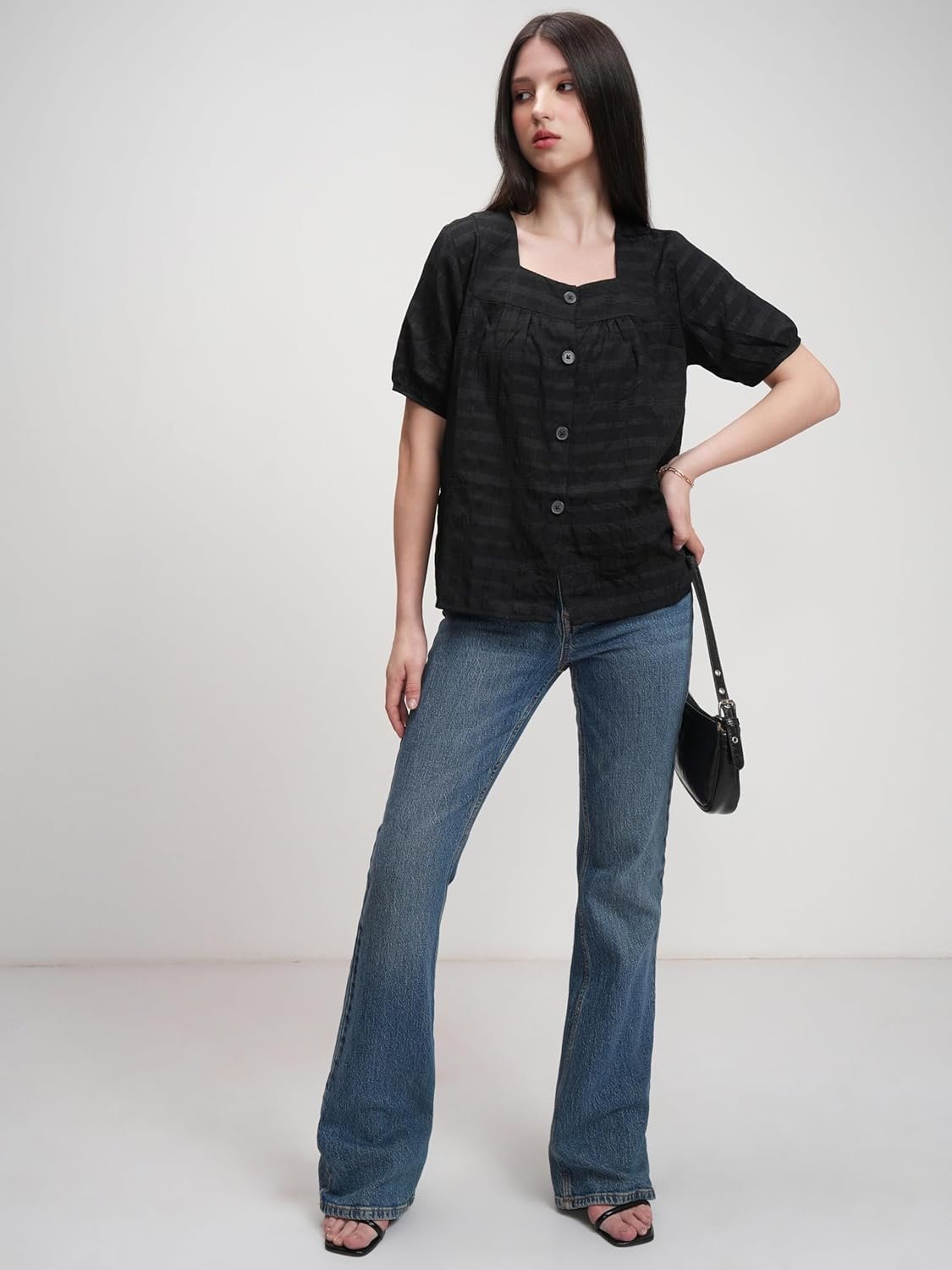 Tokyo Talkies Women's Checked Shirt-Style Top | Square Neck | Short Sleeves | Casual & Chic | Perfect for Day Outings, Brunches & Weekend Wear | Tops for Woman | Women Tops | Stylish Top by Prixsa.com - Image 2