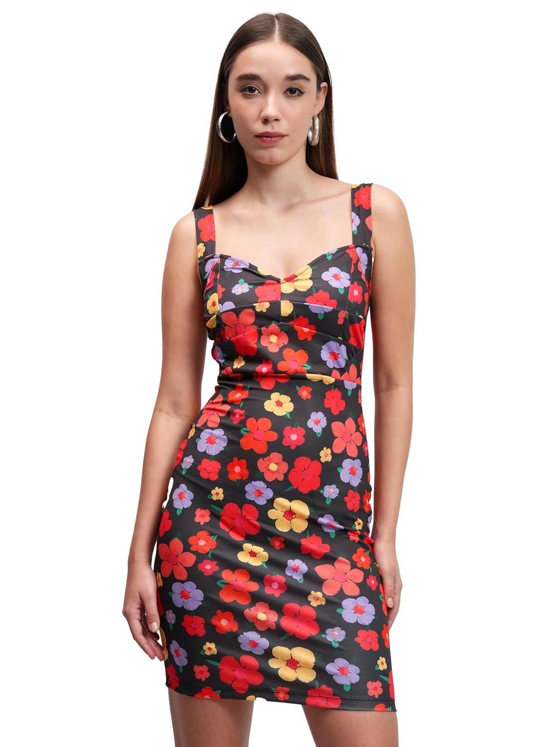 Tokyo Talkies Womens Floral Printed Shoulder Straps Bodycon Mini Dress | Sleek & Stylish | Perfect for Parties & Casual Chic Looks| Stylish by Prixsa.com