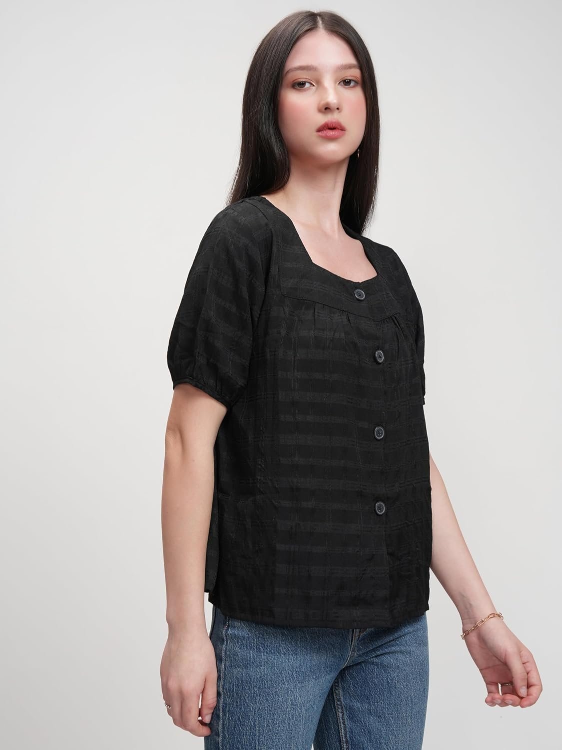 Tokyo Talkies Women's Checked Shirt-Style Top | Square Neck | Short Sleeves | Casual & Chic | Perfect for Day Outings, Brunches & Weekend Wear | Tops for Woman | Women Tops | Stylish Top by Prixsa.com - Image 4